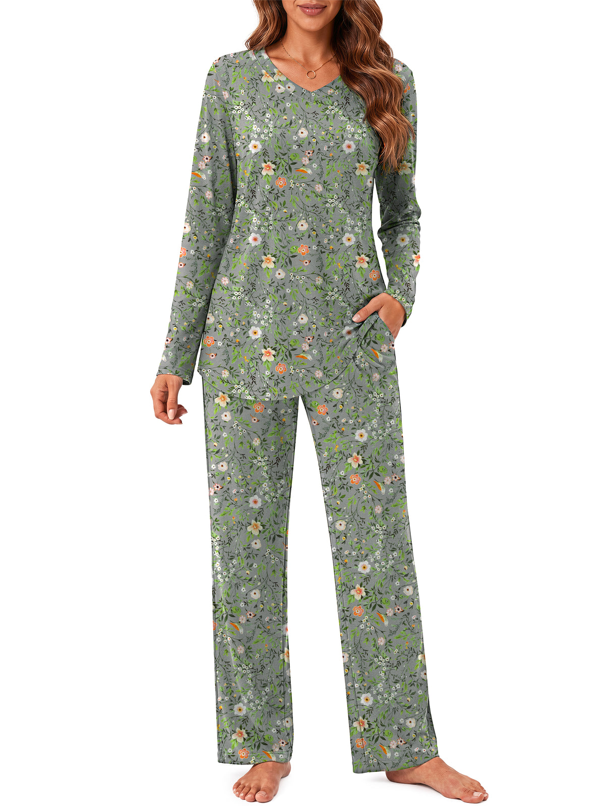Weekease Long Sleeve Pajamas Set for Woman V Neck Tops Wide Leg Pants 2 Piece Lounge Fall Sleepwear with Pockets