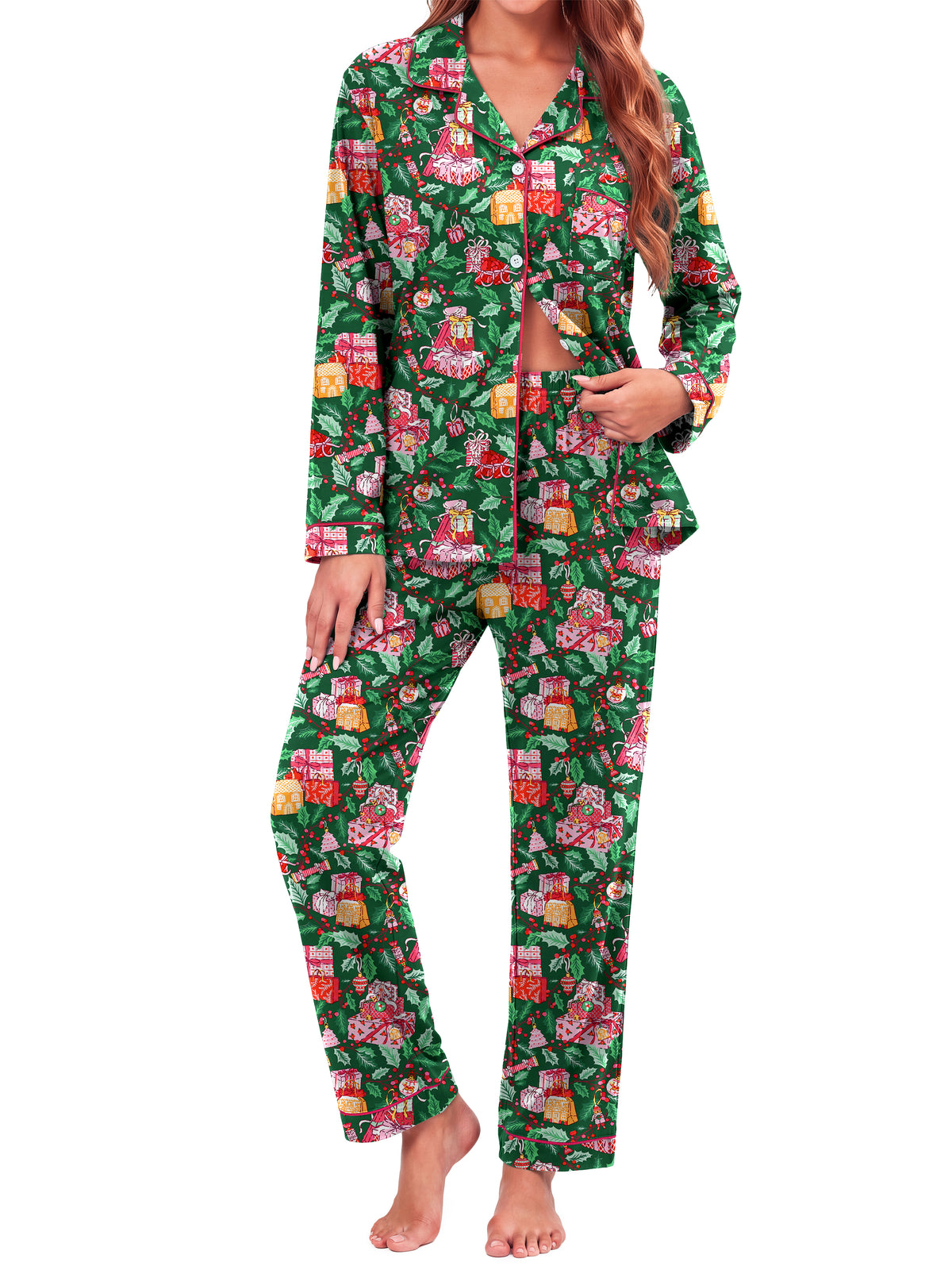Weekease Two Piece Pajamas for Women Set Button Down Long Sleeve Tops Long Pants Printed Sleepwear Fall Nightwear with Pockets