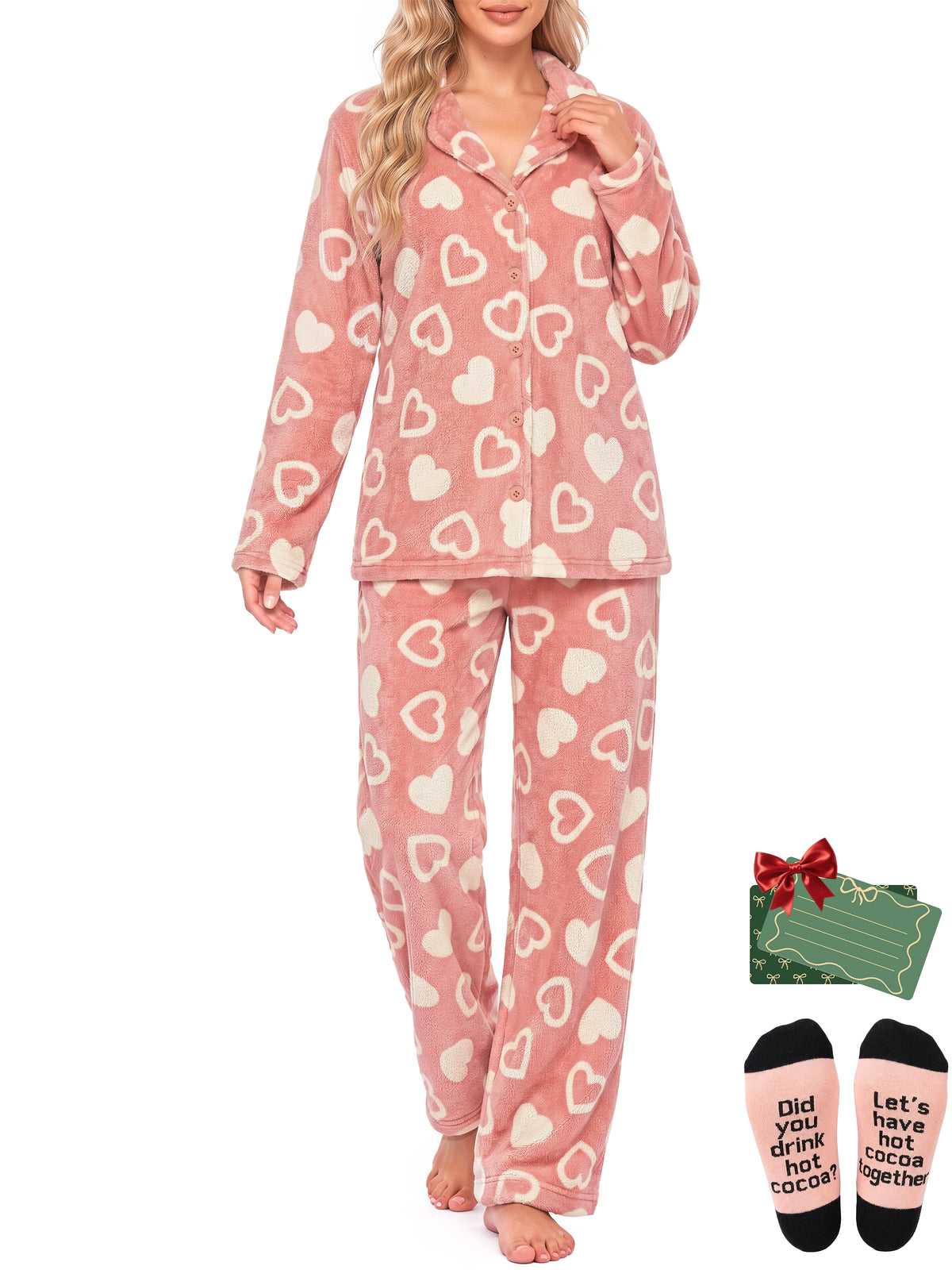 Weekease Fleece Pajamas for Woman Set Notched Collar Button up Tops Drawstring Pants Two Piece Soft Winter Sleepwear