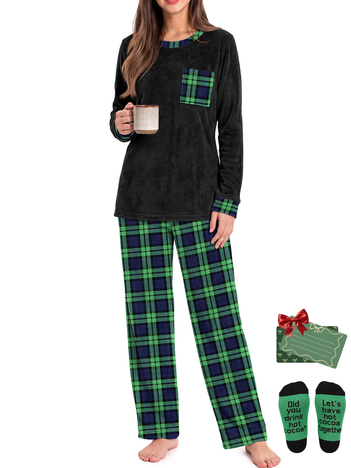 Weekease Flannel Women Pajamas Set Crew Neck Long Sleeve Tops Drawstring Pants Printed Nightwear Winter Sleepwear with Pockets