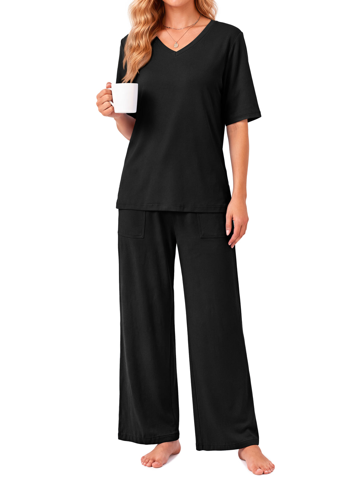 Weekease Two Piece Pajama Sets for Women V Neck Elbow-length Sleeve Tops And Long Pants Casual Summer Fall Sleepwear