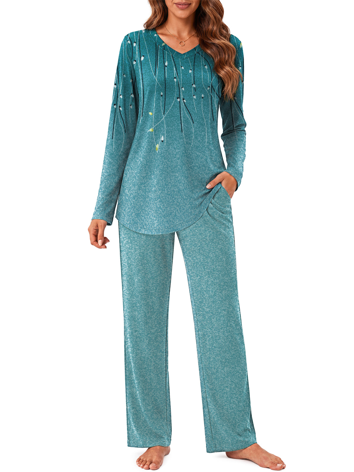 Weekease Long Sleeve Pajamas Set for Woman V Neck Tops Wide Leg Pants 2 Piece Lounge Fall Sleepwear with Pockets