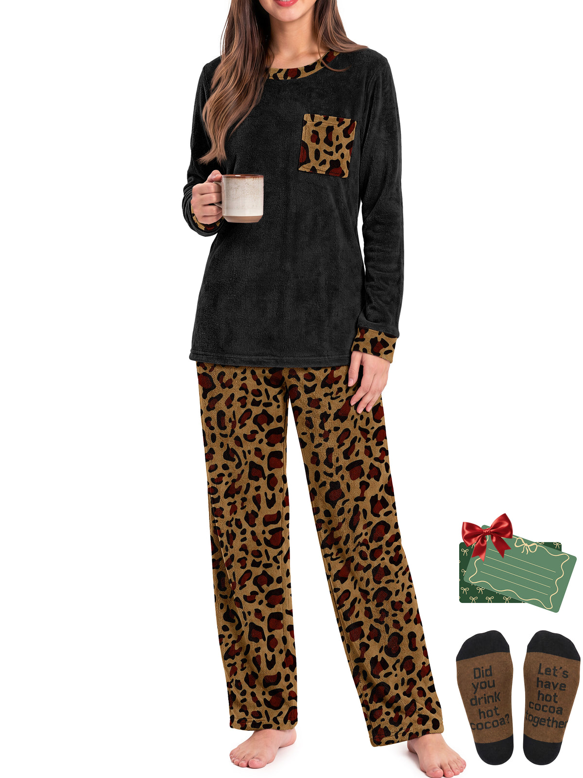 Weekease Flannel Women Pajamas Set Crew Neck Long Sleeve Tops Drawstring Pants Printed Nightwear Winter Sleepwear with Pockets