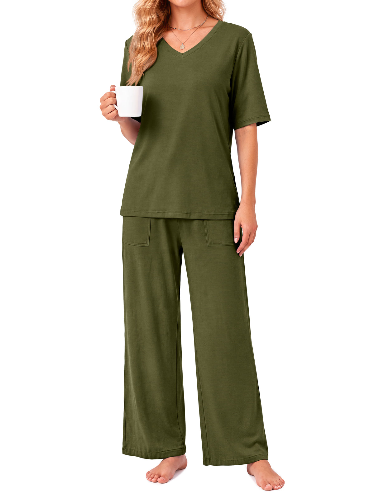 Weekease Two Piece Pajama Sets for Women V Neck Elbow-length Sleeve Tops And Long Pants Casual Summer Fall Sleepwear