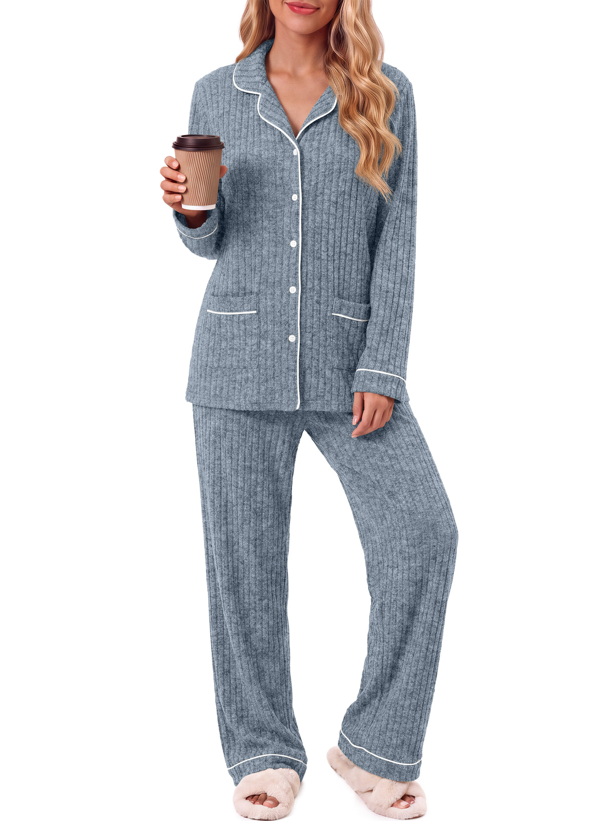 Weekease Pajama sets for Woman Button up Tops Drawstring Pants Sleepwear Contrast Piping Fall Nightwear with Pocket