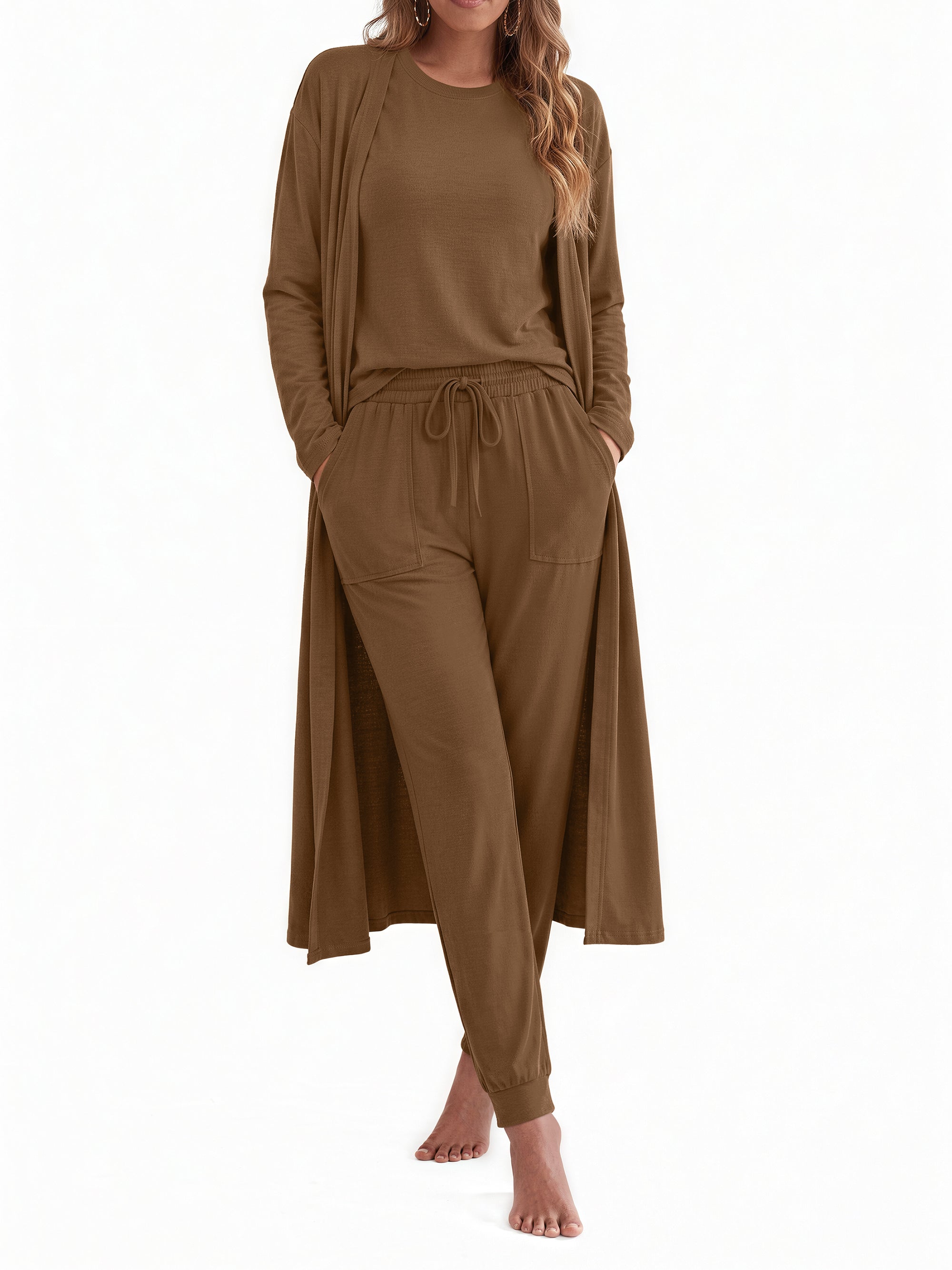 Weekease 3 Piece Sets for Women Crew Neck Tank Pockets Drawstring Pant Long Sleeve Cardigan Comfy Pajama