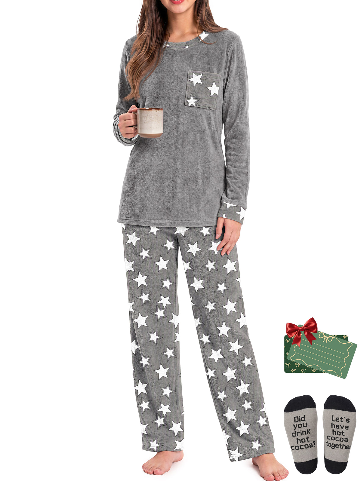 Weekease Flannel Women Pajamas Set Crew Neck Long Sleeve Tops Drawstring Pants Printed Nightwear Winter Sleepwear with Pockets