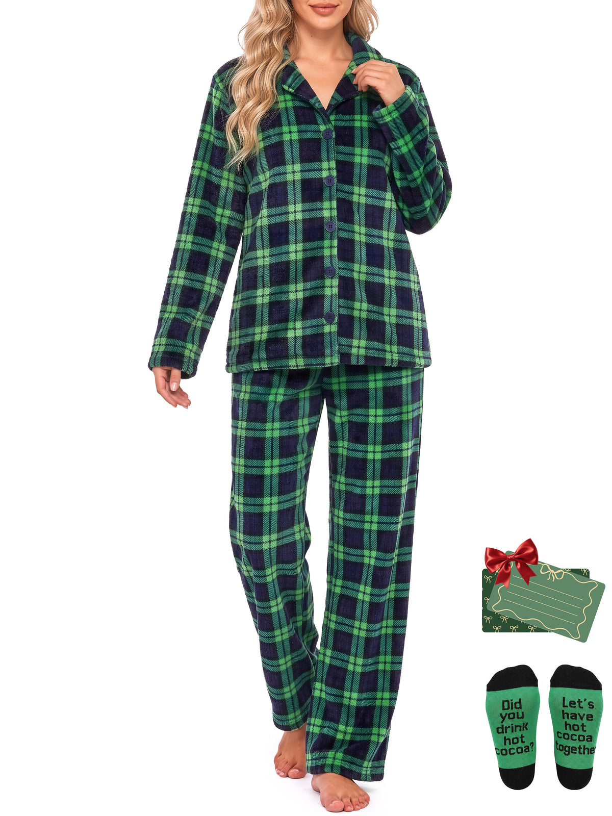Weekease Fleece Pajamas for Woman Set Notched Collar Button up Tops Drawstring Pants Two Piece Soft Winter Sleepwear