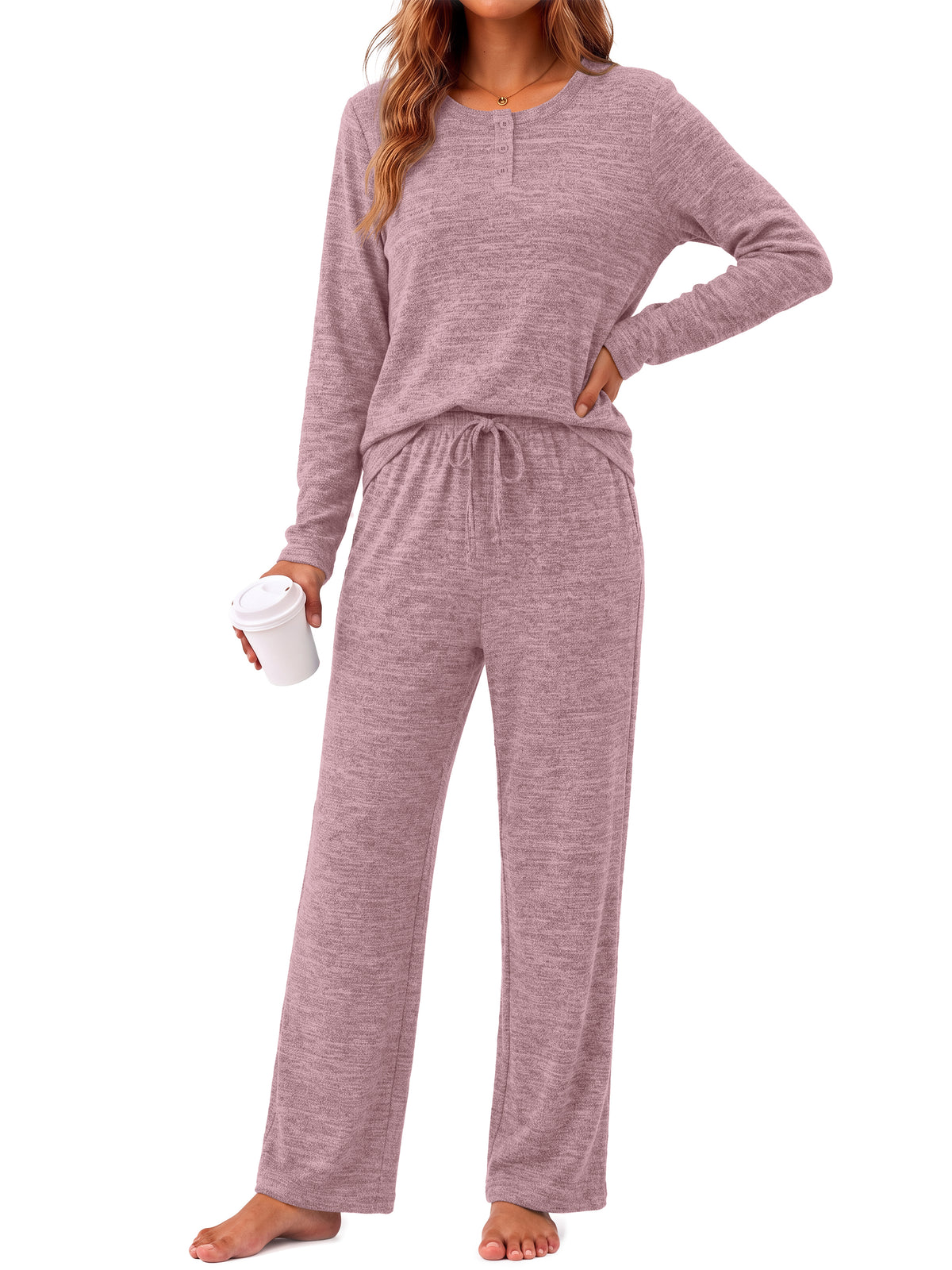 Weekease Woman Pajamas Set Henley Neck Long Sleeve Tops Drawstring Pants Two Piece Outfit Loungewear