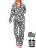 Weekease Fleece Pajamas for Woman Set Notched Collar Button up Tops Drawstring Pants Two Piece Soft Winter Sleepwear