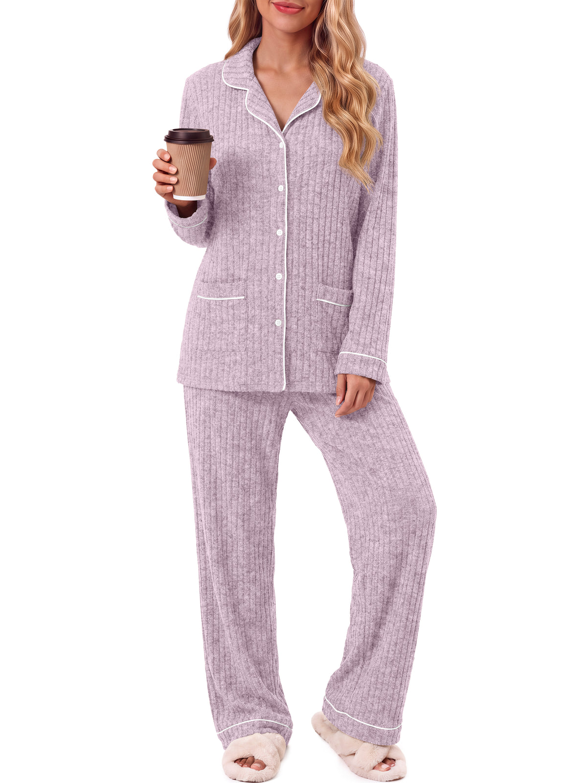 Weekease Pajama sets for Woman Button up Tops Drawstring Pants Sleepwear Contrast Piping Fall Nightwear with Pocket