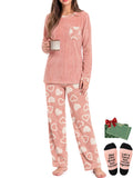Weekease Flannel Women Pajamas Set Crew Neck Long Sleeve Tops Drawstring Pants Printed Nightwear Winter Sleepwear with Pockets