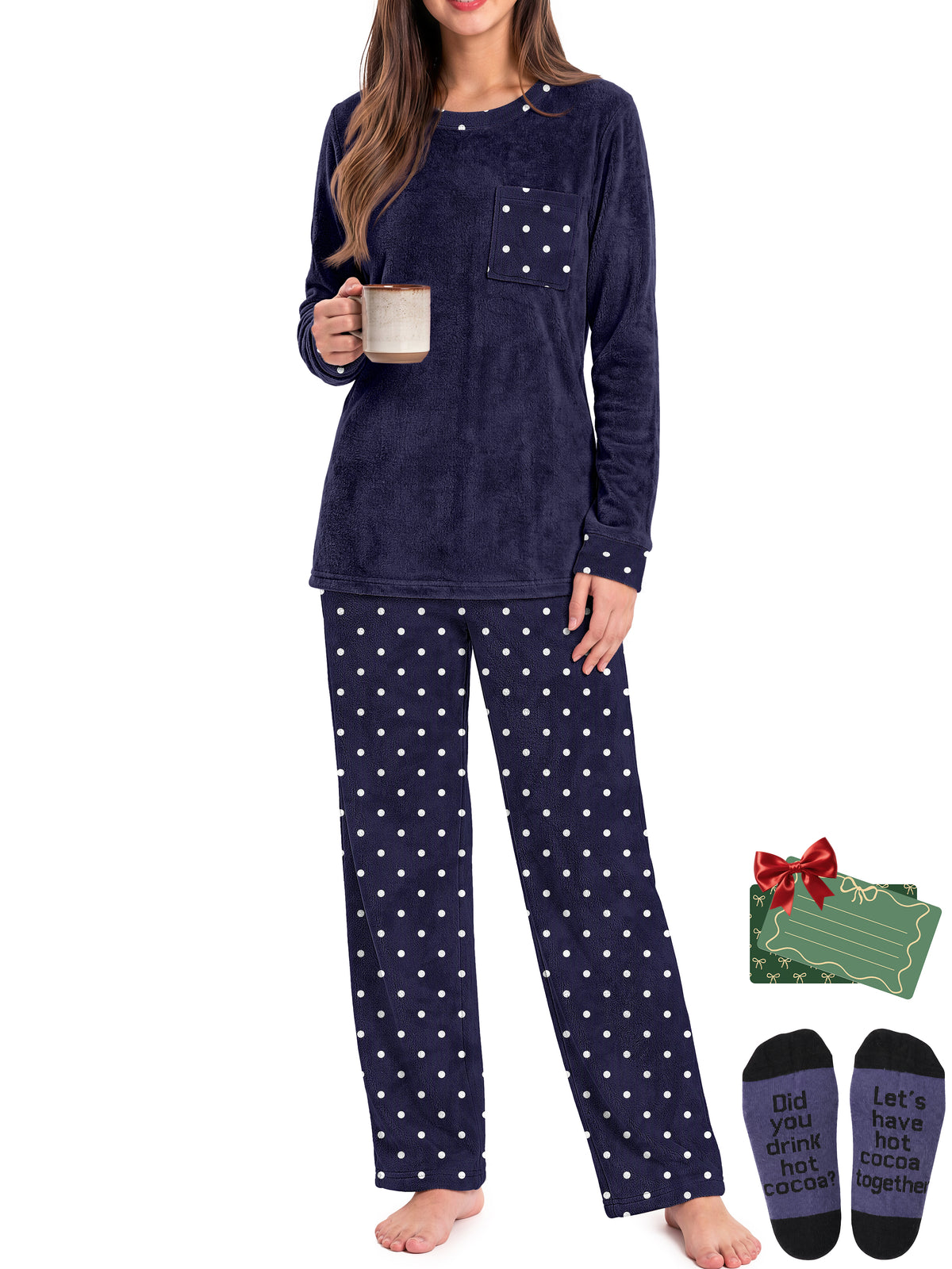 Weekease Flannel Women Pajamas Set Crew Neck Long Sleeve Tops Drawstring Pants Printed Nightwear Winter Sleepwear with Pockets