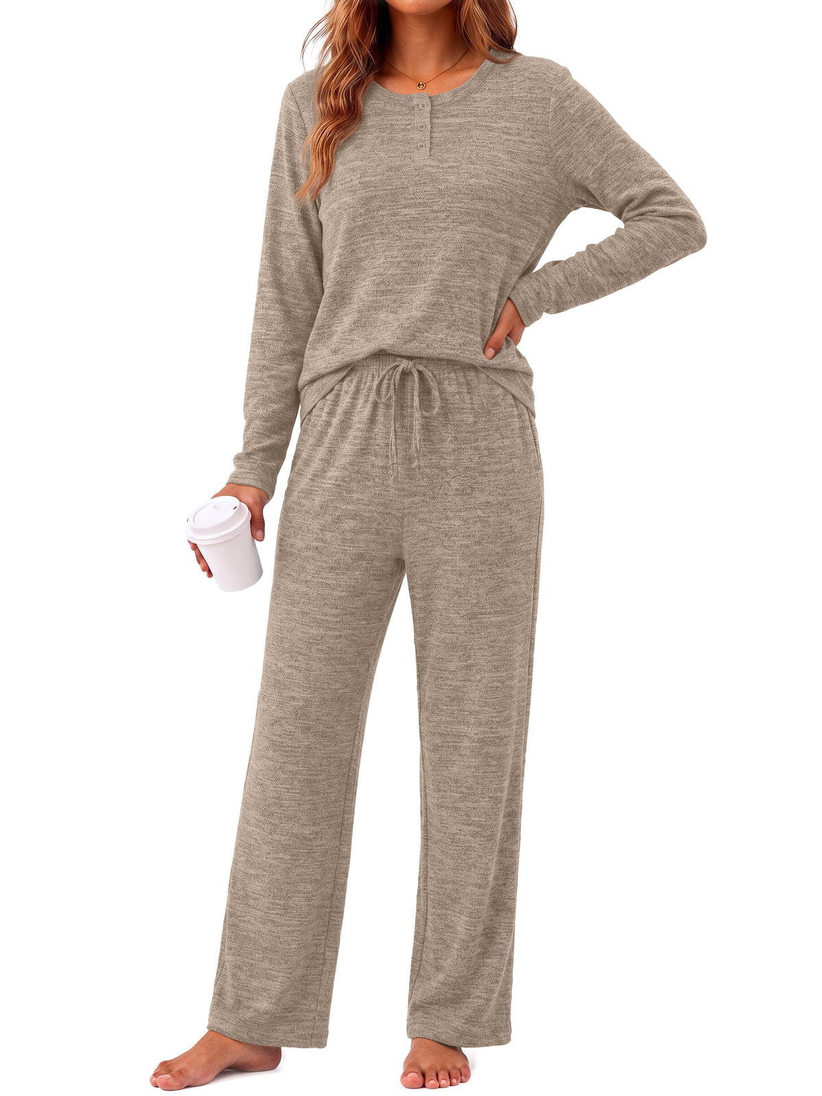 Weekease Woman Pajamas Set Henley Neck Long Sleeve Tops Drawstring Pants Two Piece Outfit Loungewear