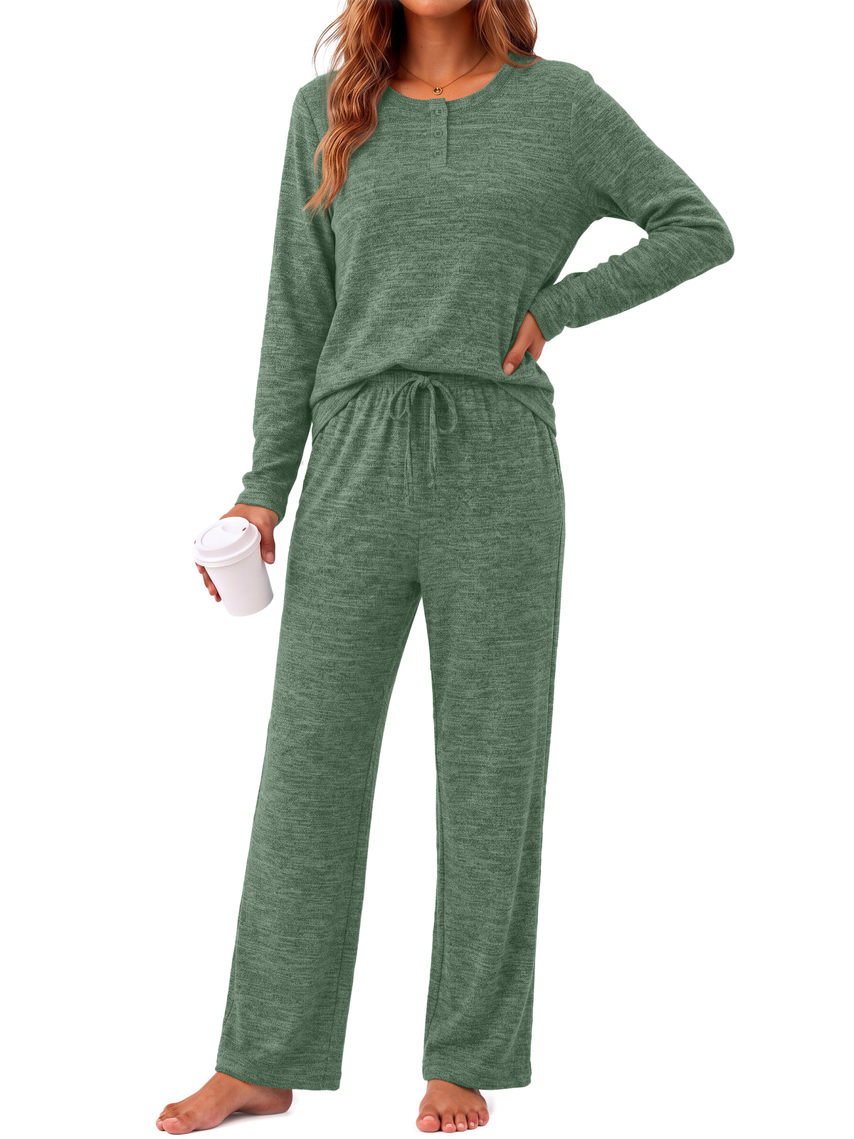 Weekease Woman Pajamas Set Henley Neck Long Sleeve Tops Drawstring Pants Two Piece Outfit Loungewear