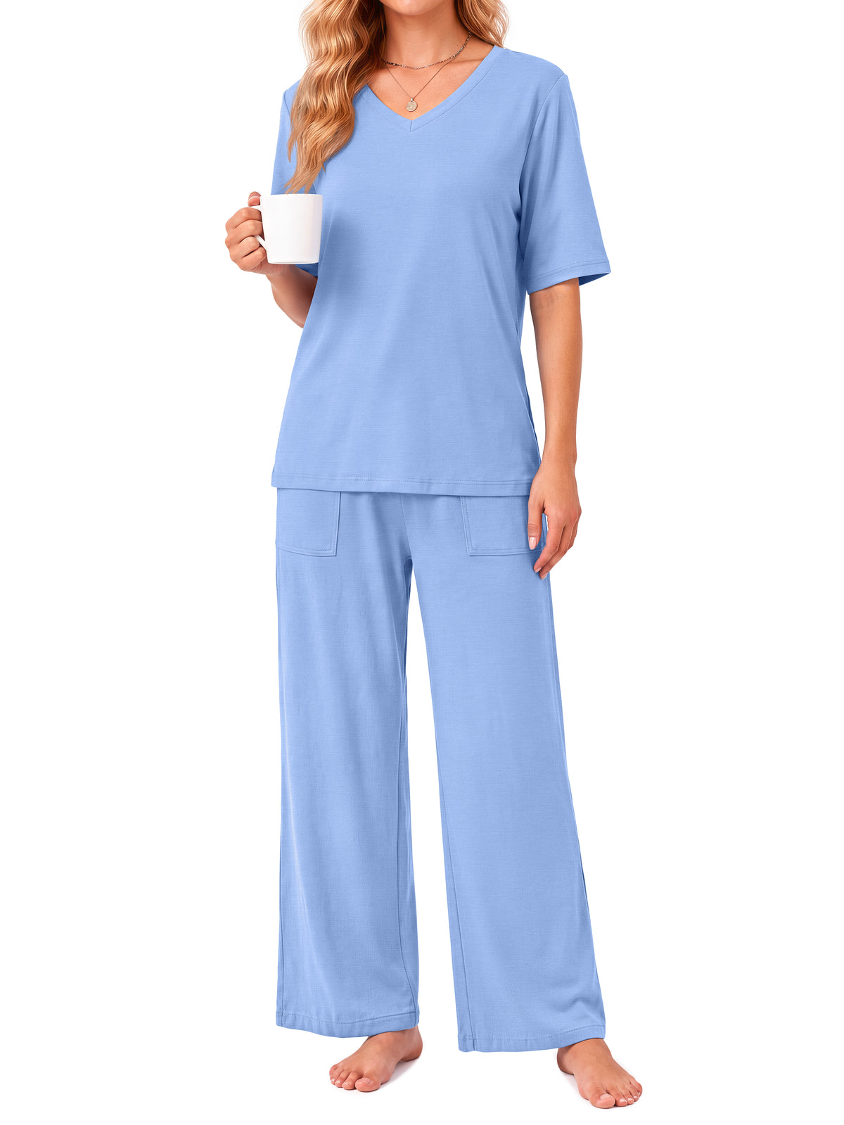 Weekease Two Piece Pajama Sets for Women V Neck Elbow-length Sleeve Tops And Long Pants Casual Summer Fall Sleepwear