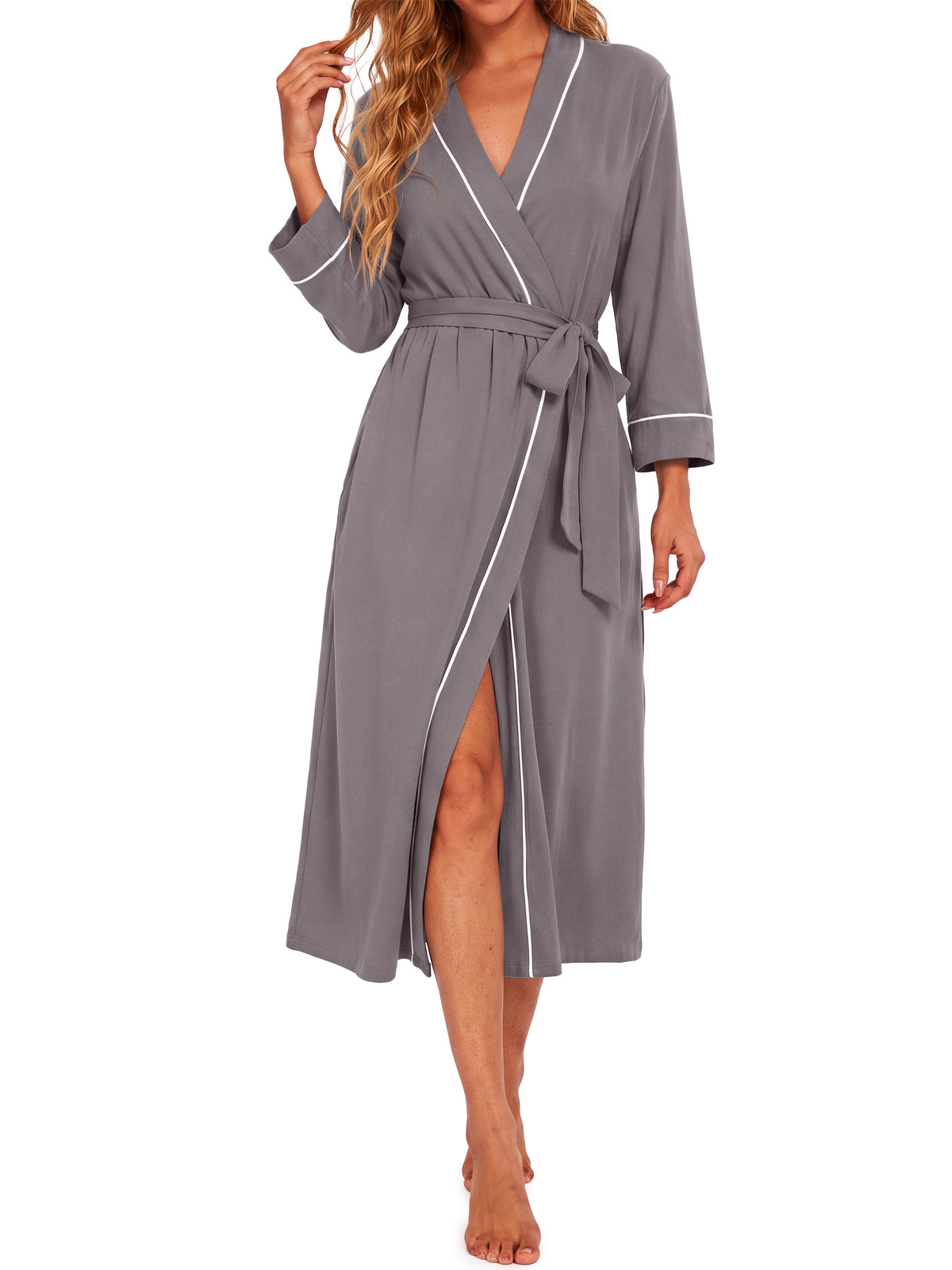 Weekease Lounge Bathrobe for Women V Neck Three Quarter Sleeves Nightgown Flowy Comfortable Pajamas Plus Size Robe