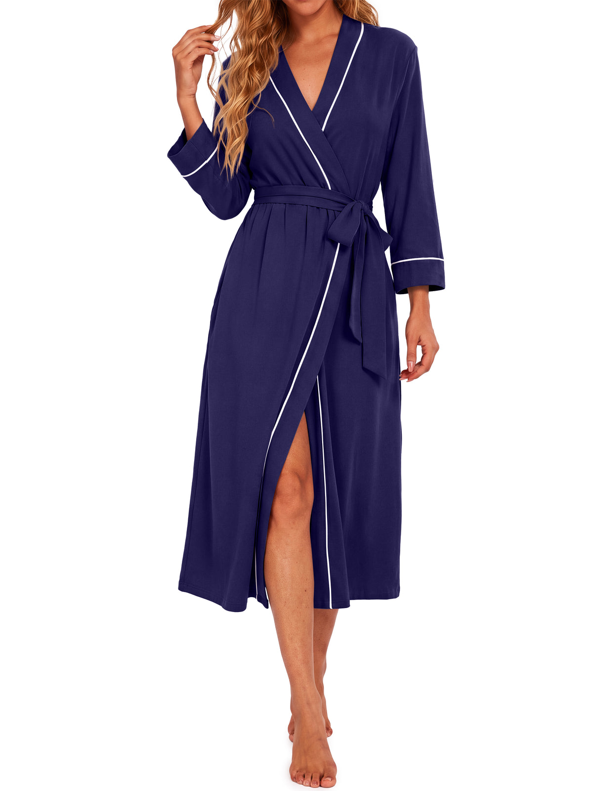 Weekease Lounge Bathrobe for Women V Neck Three Quarter Sleeves Nightgown Flowy Comfortable Pajamas Plus Size Robe