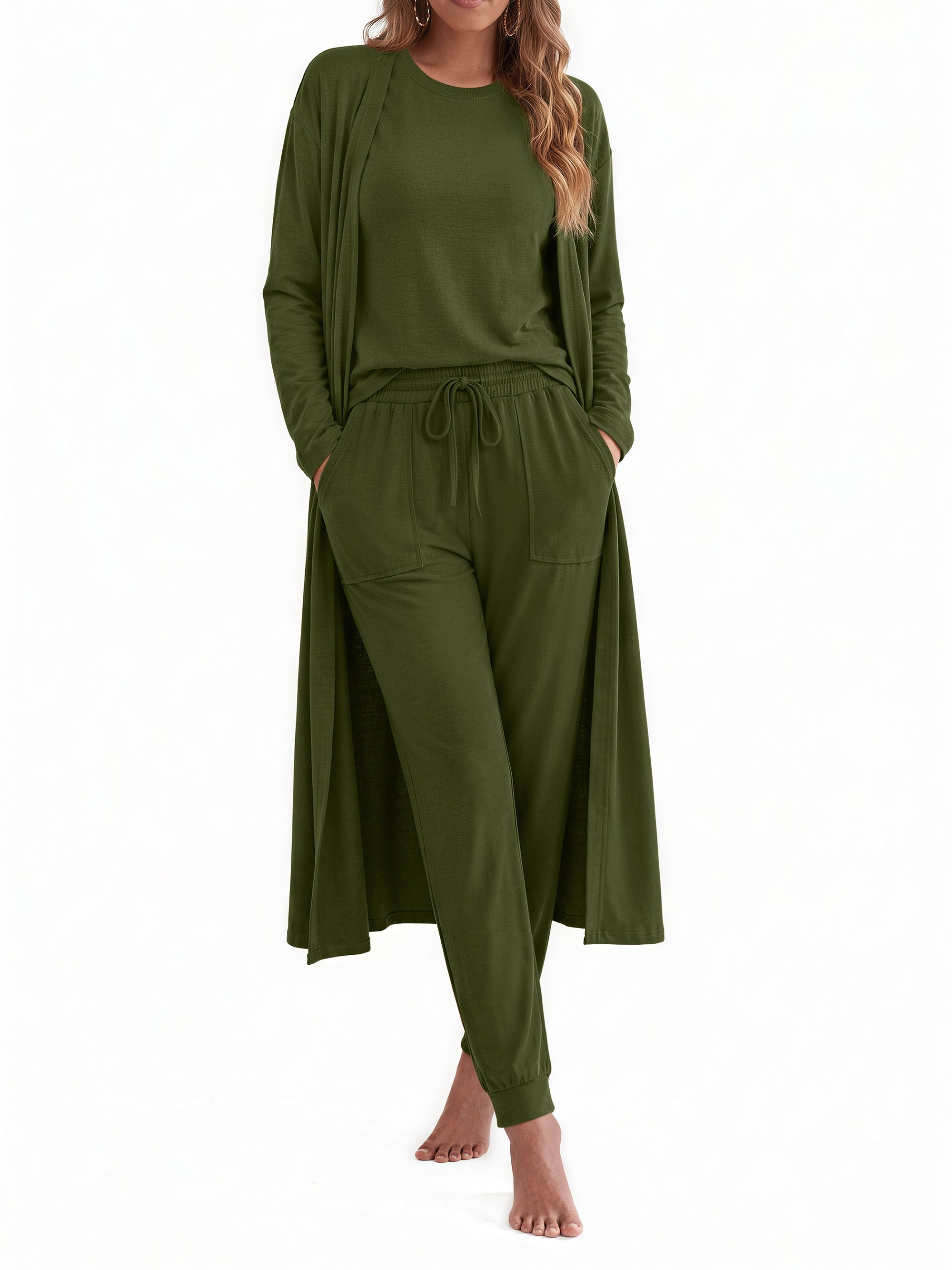 Weekease 3 Piece Sets for Women Crew Neck Tank Pockets Drawstring Pant Long Sleeve Cardigan Comfy Pajama