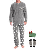 Weekease Flannel Men Pajamas Set Crew Neck Long Sleeve Tops Drawstring Pants Color Block Nightwear Winter Sleepwear with Pockets