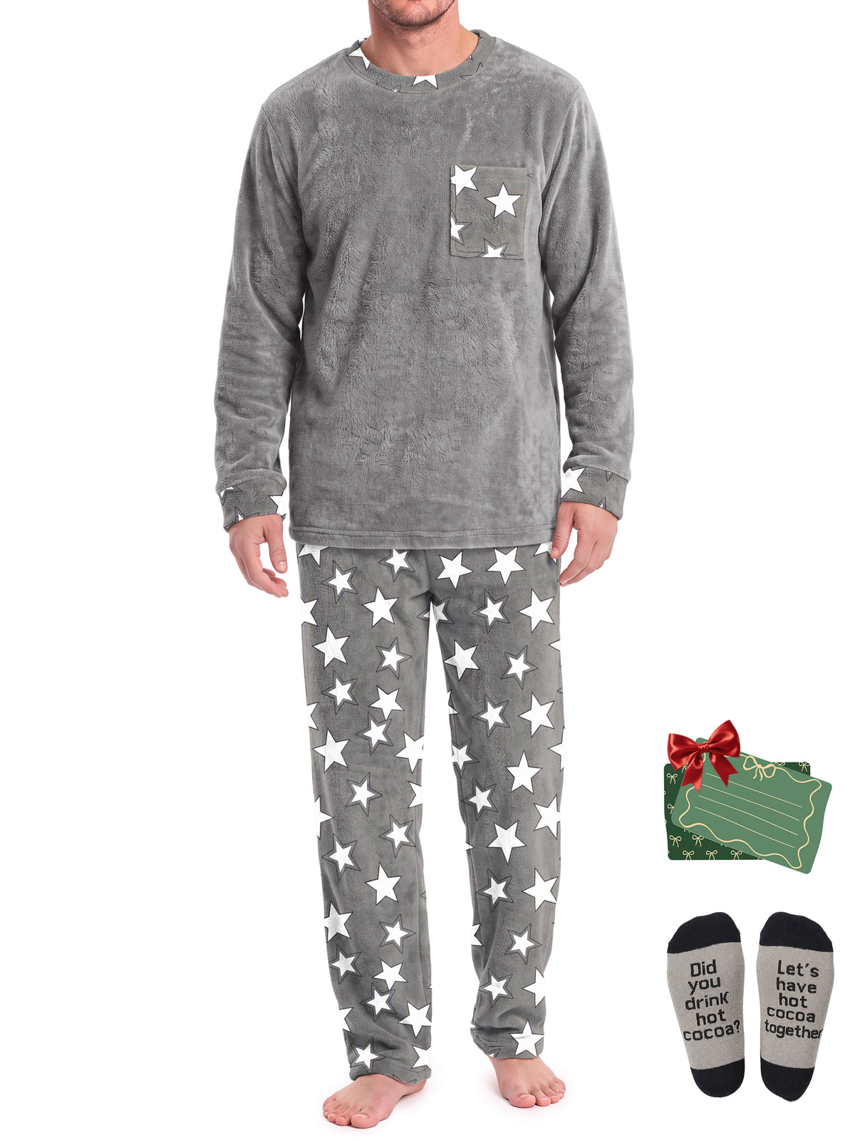 Weekease Flannel Men Pajamas Set Crew Neck Long Sleeve Tops Drawstring Pants Color Block Nightwear Winter Sleepwear with Pockets