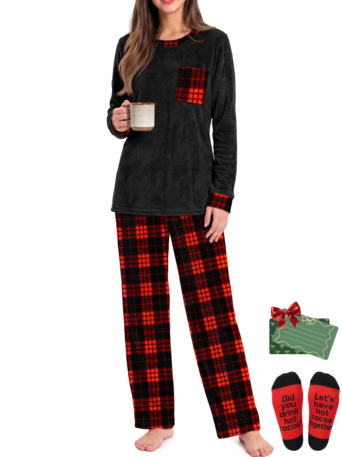 Weekease Flannel Women Pajamas Set Crew Neck Long Sleeve Tops Drawstring Pants Printed Nightwear Winter Sleepwear with Pockets