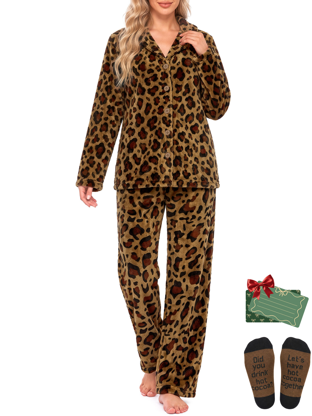 Weekease Fleece Pajamas for Woman Set Notched Collar Button up Tops Drawstring Pants Two Piece Soft Winter Sleepwear