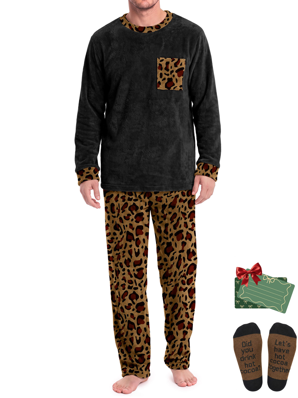Weekease Flannel Men Pajamas Set Crew Neck Long Sleeve Tops Drawstring Pants Color Block Nightwear Winter Sleepwear with Pockets