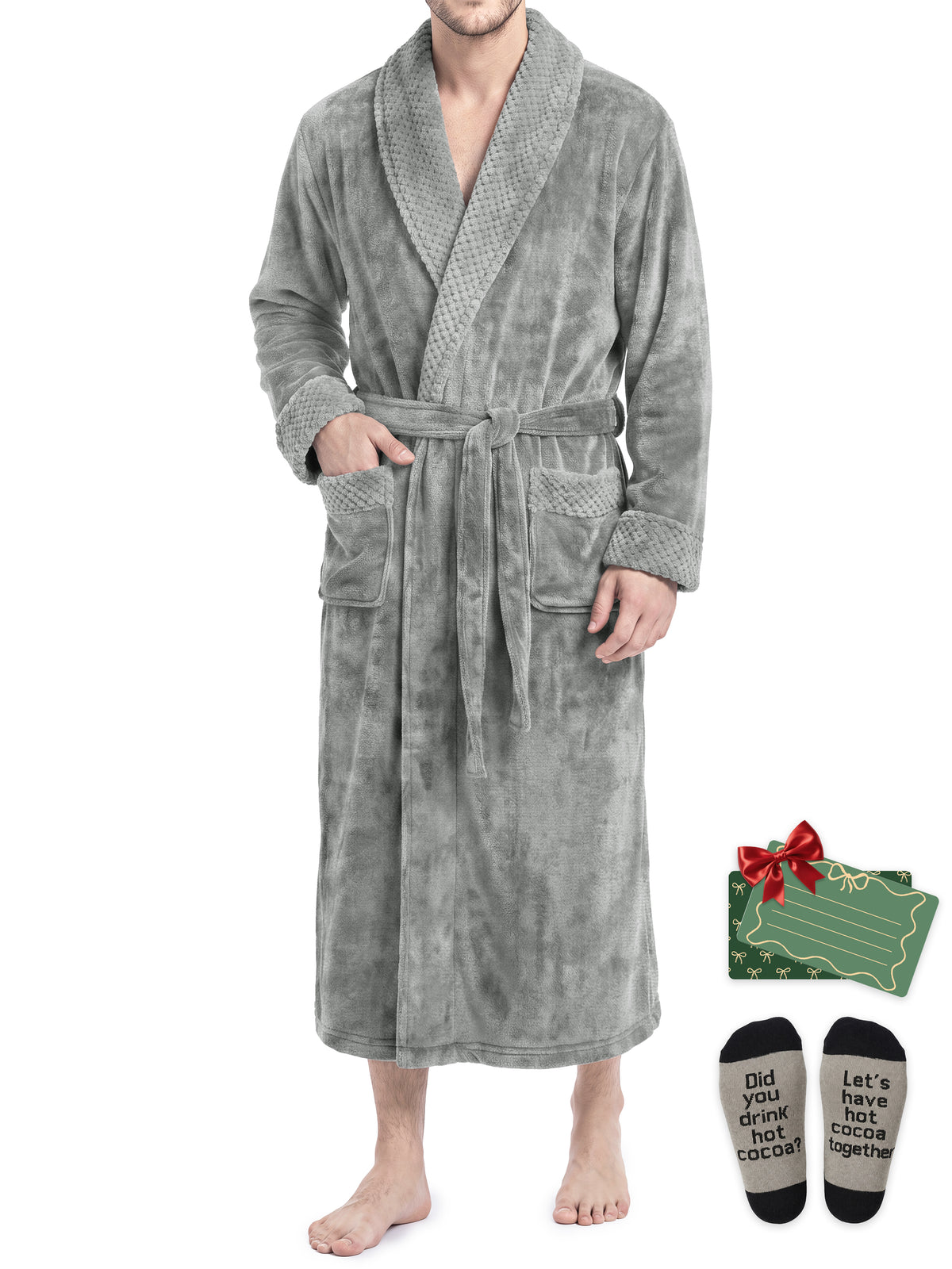 Weekease Fleece Robe for Men V Neck Long Sleeve Bathroben Comfort Pajamas