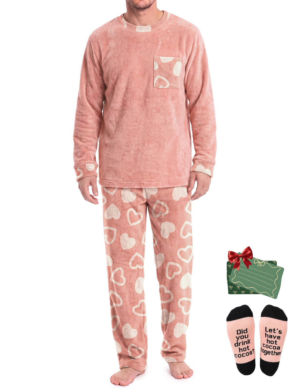 Weekease Flannel Men Pajamas Set Crew Neck Long Sleeve Tops Drawstring Pants Color Block Nightwear Winter Sleepwear with Pockets