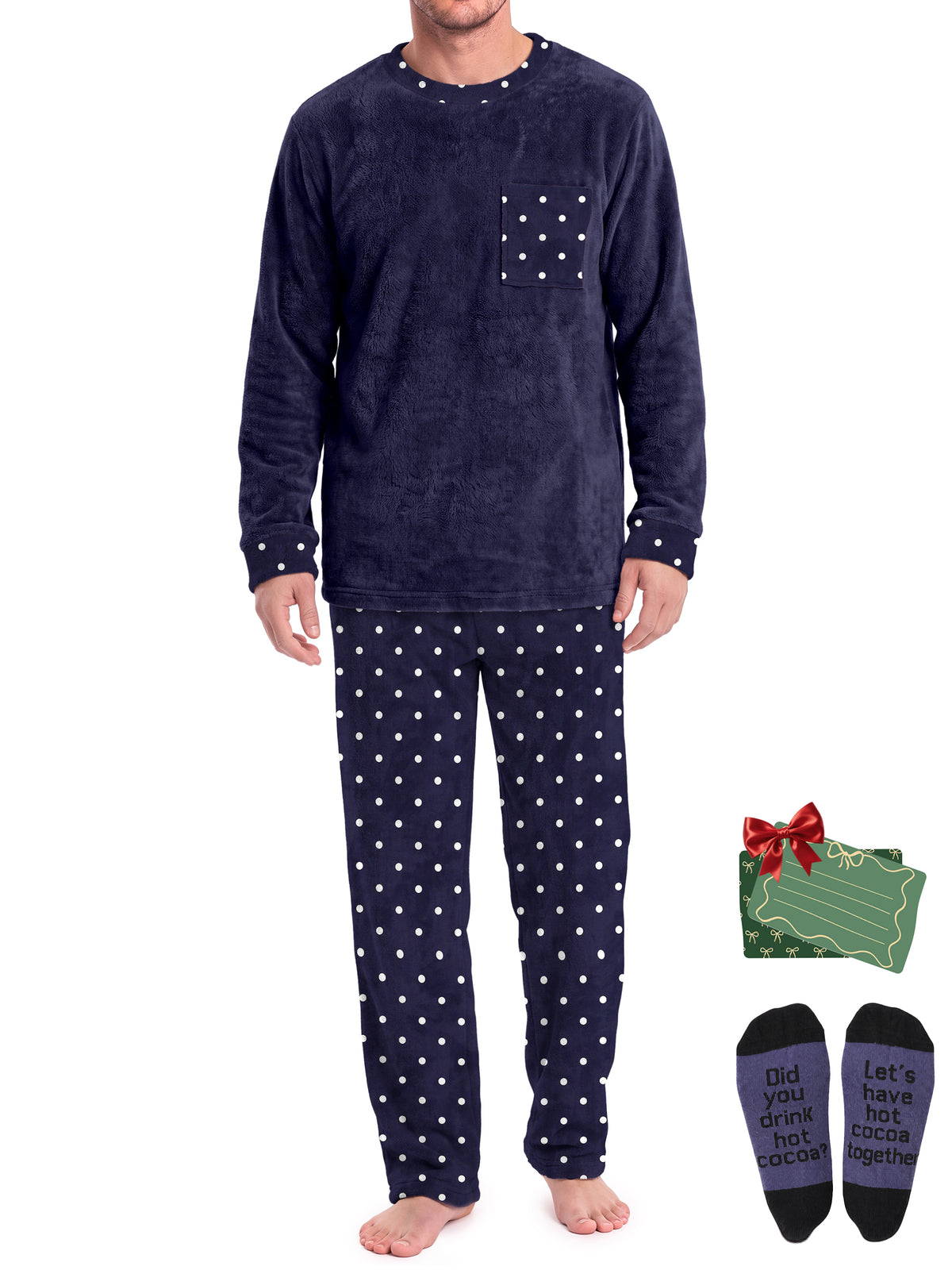 Weekease Flannel Men Pajamas Set Crew Neck Long Sleeve Tops Drawstring Pants Color Block Nightwear Winter Sleepwear with Pockets