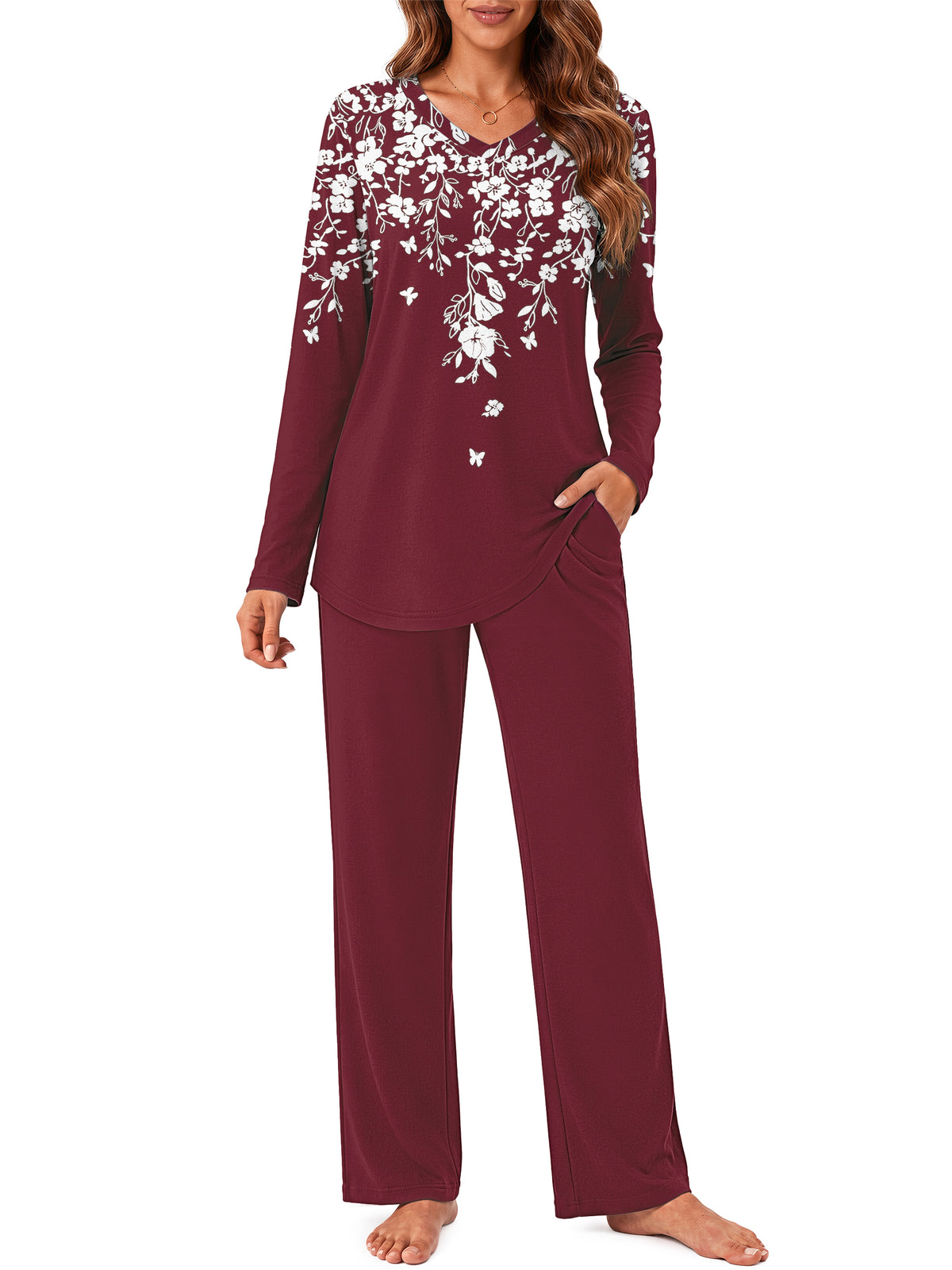 Weekease Long Sleeve Pajamas Set for Woman V Neck Tops Wide Leg Pants 2 Piece Lounge Fall Sleepwear with Pockets