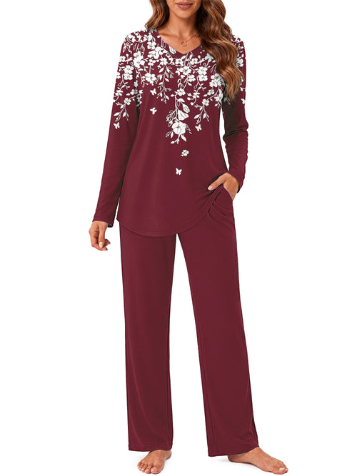 Weekease Long Sleeve Pajamas Set for Woman V Neck Tops Wide Leg Pants 2 Piece Lounge Fall Sleepwear with Pockets