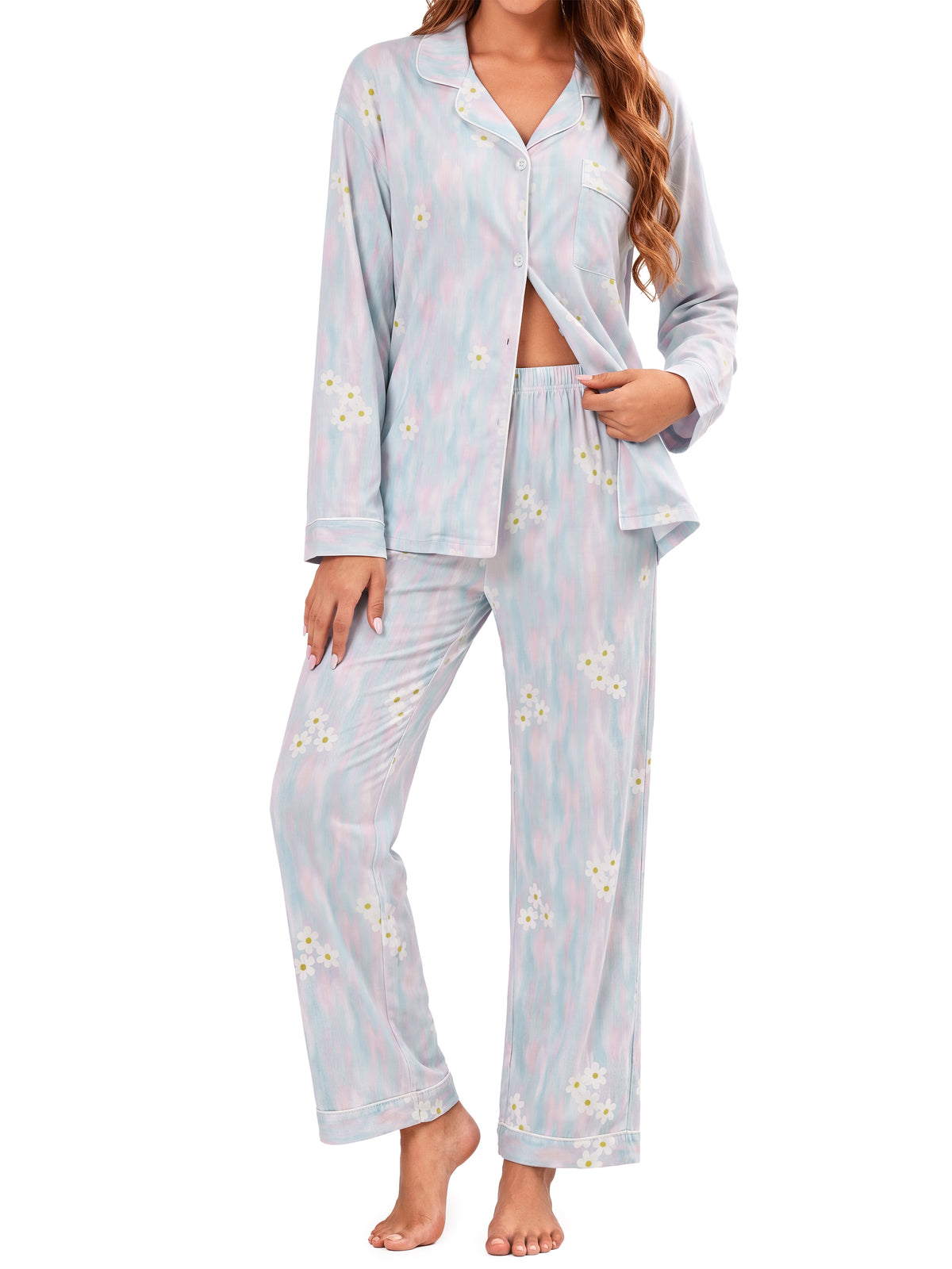 Weekease Two Piece Pajamas for Women Set Button Down Long Sleeve Tops Long Pants Printed Sleepwear Fall Nightwear with Pockets