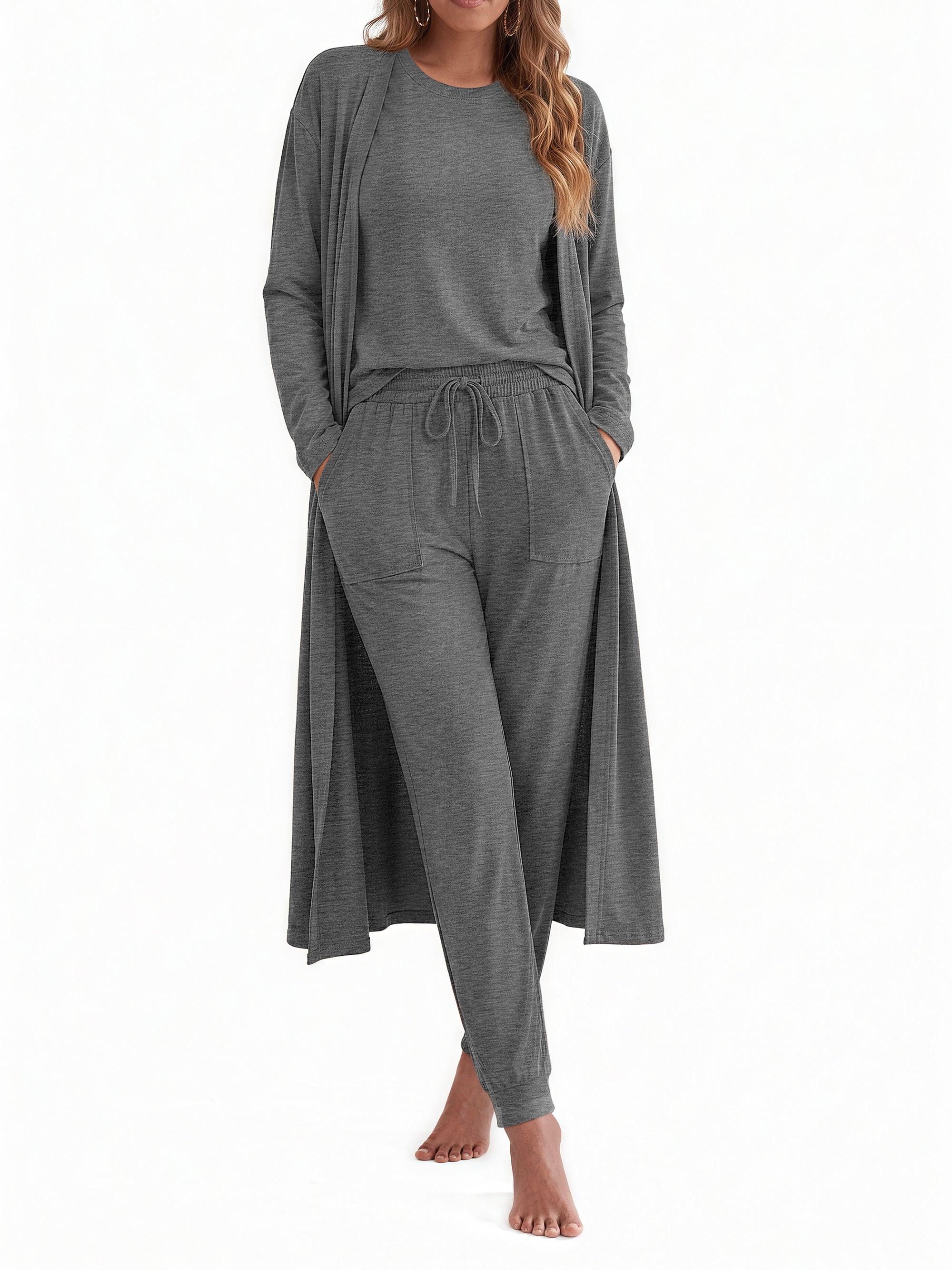 Weekease 3 Piece Sets for Women Crew Neck Tank Pockets Drawstring Pant Long Sleeve Cardigan Comfy Pajama