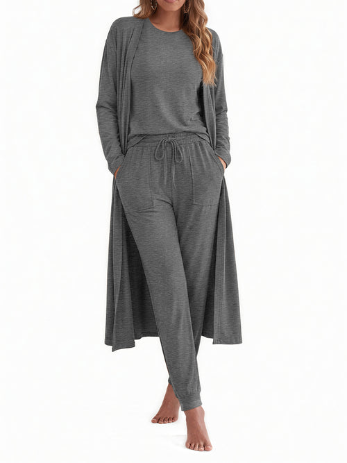 Weekease 3 Piece Sets for Women Crew Neck Tank Pockets Drawstring Pant Long Sleeve Cardigan Comfy Pajama