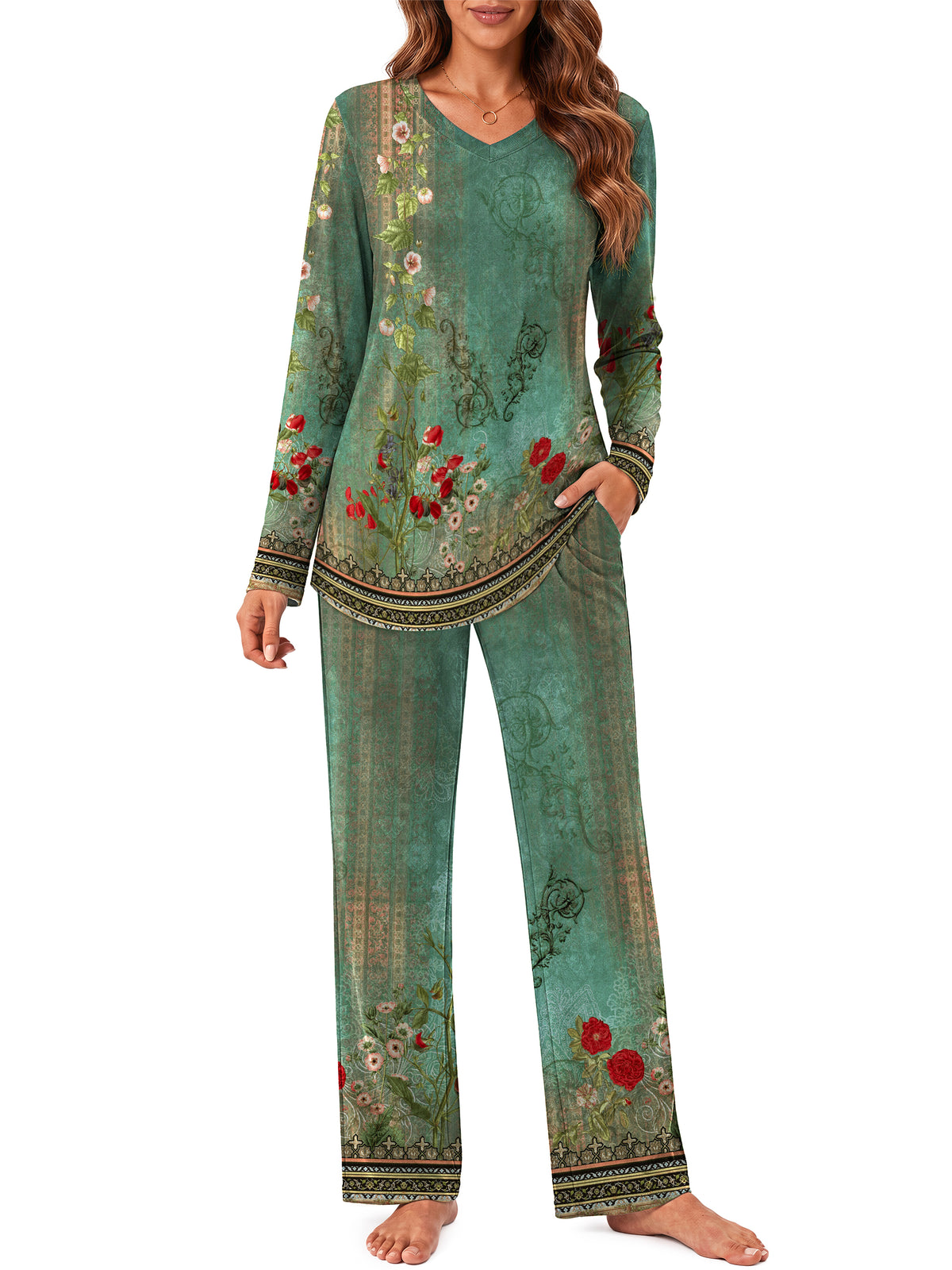 Weekease Long Sleeve Pajamas Set for Woman V Neck Tops Wide Leg Pants 2 Piece Lounge Fall Sleepwear with Pockets