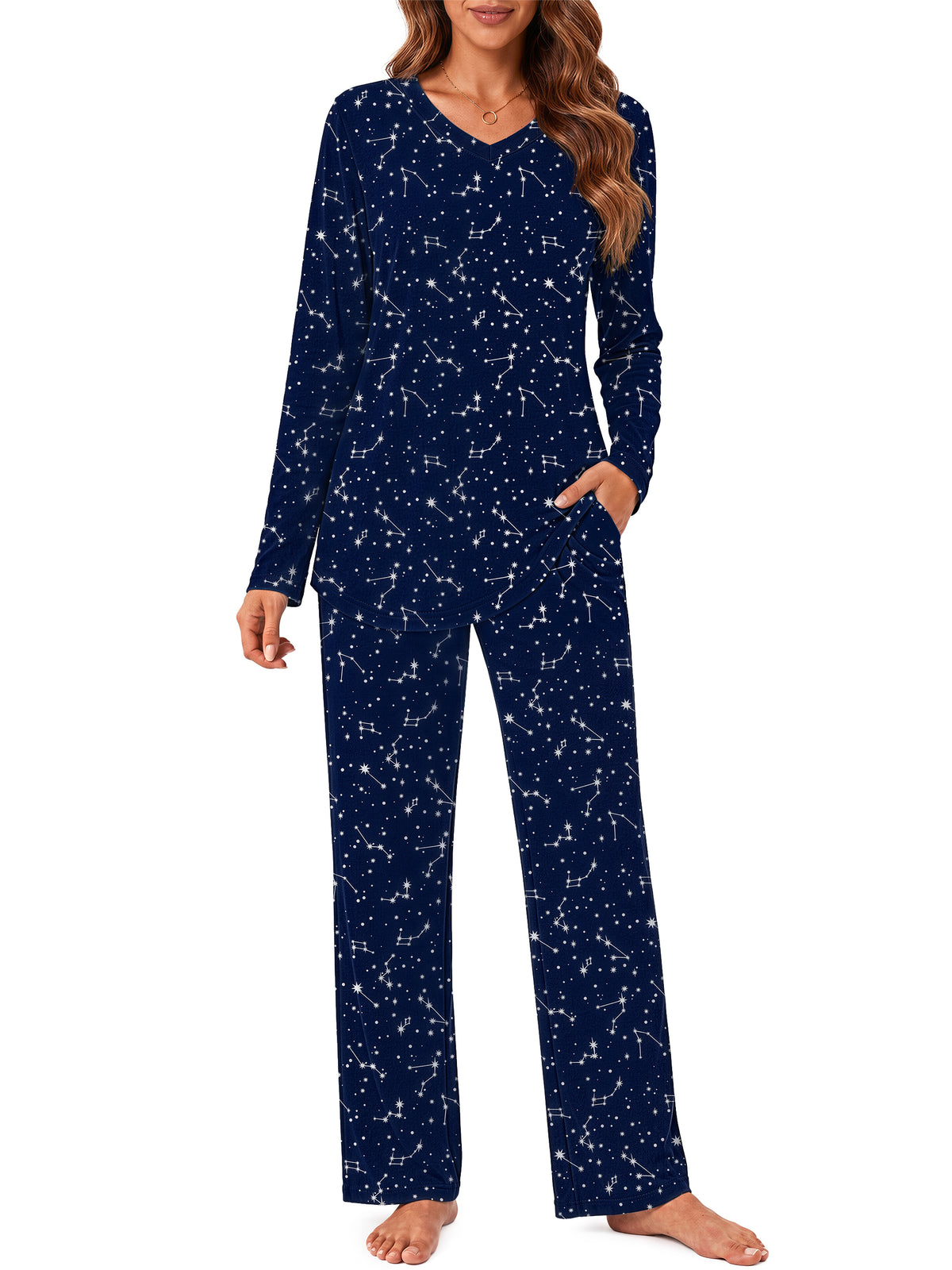 Weekease Long Sleeve Pajamas Set for Woman V Neck Tops Wide Leg Pants 2 Piece Lounge Fall Sleepwear with Pockets
