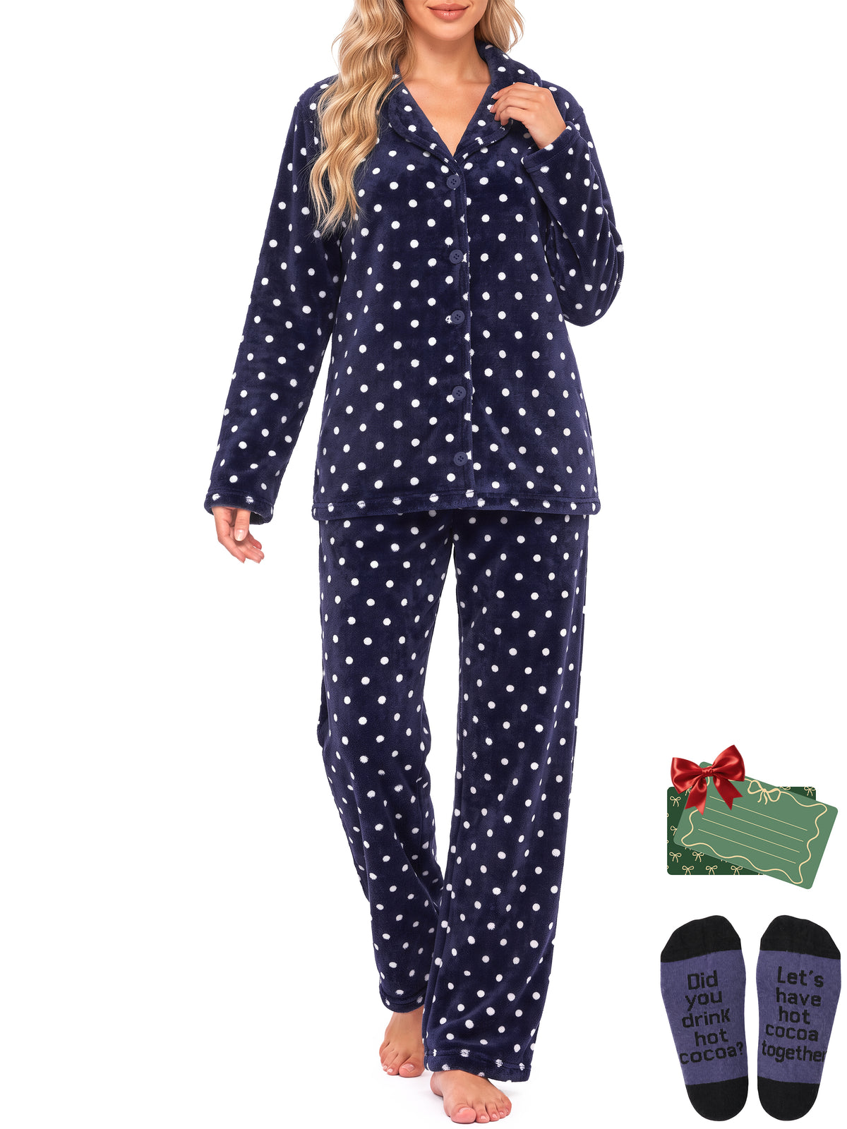 Weekease Fleece Pajamas for Woman Set Notched Collar Button up Tops Drawstring Pants Two Piece Soft Winter Sleepwear
