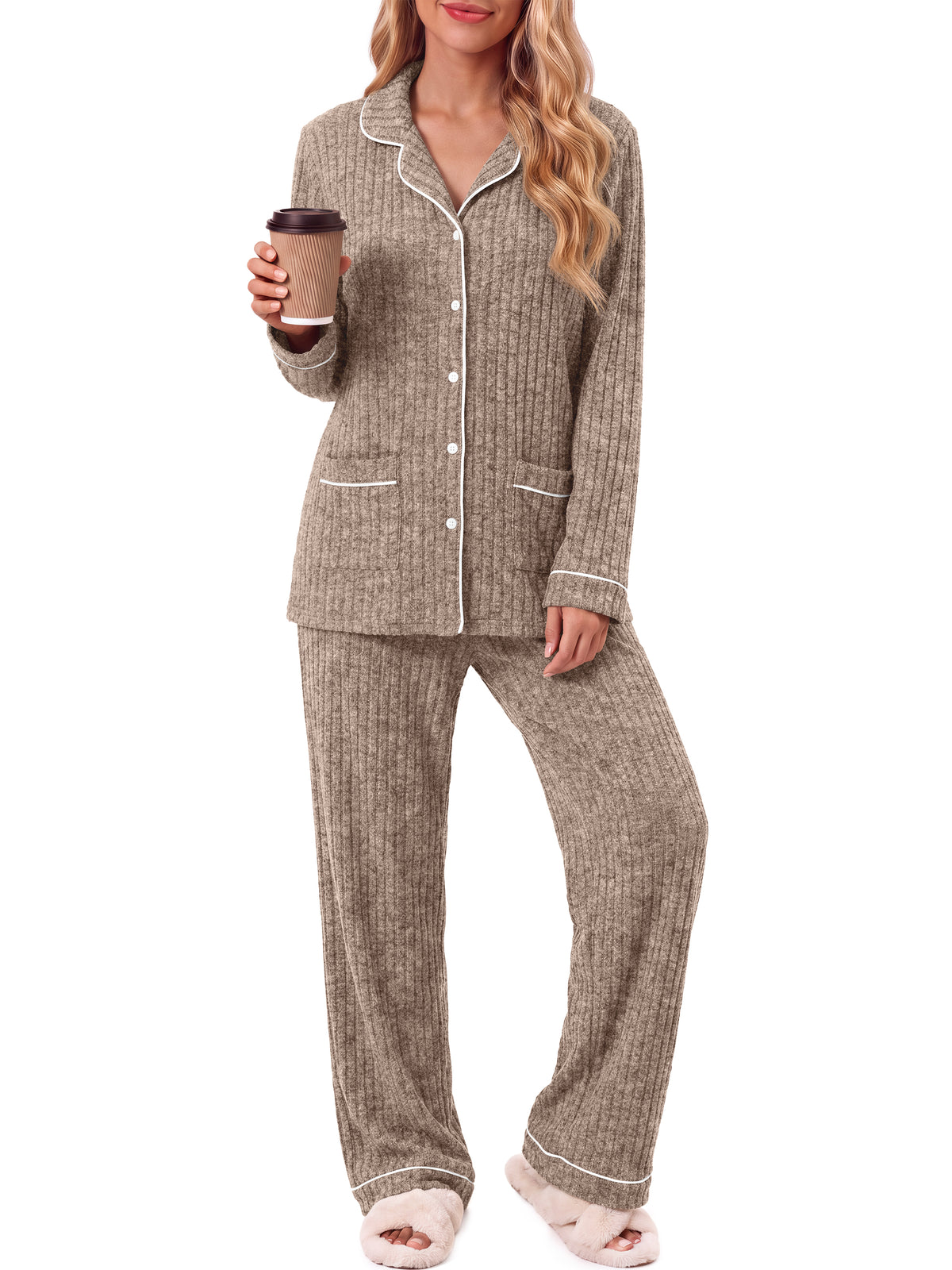 Weekease Pajama sets for Woman Button up Tops Drawstring Pants Sleepwear Contrast Piping Fall Nightwear with Pocket