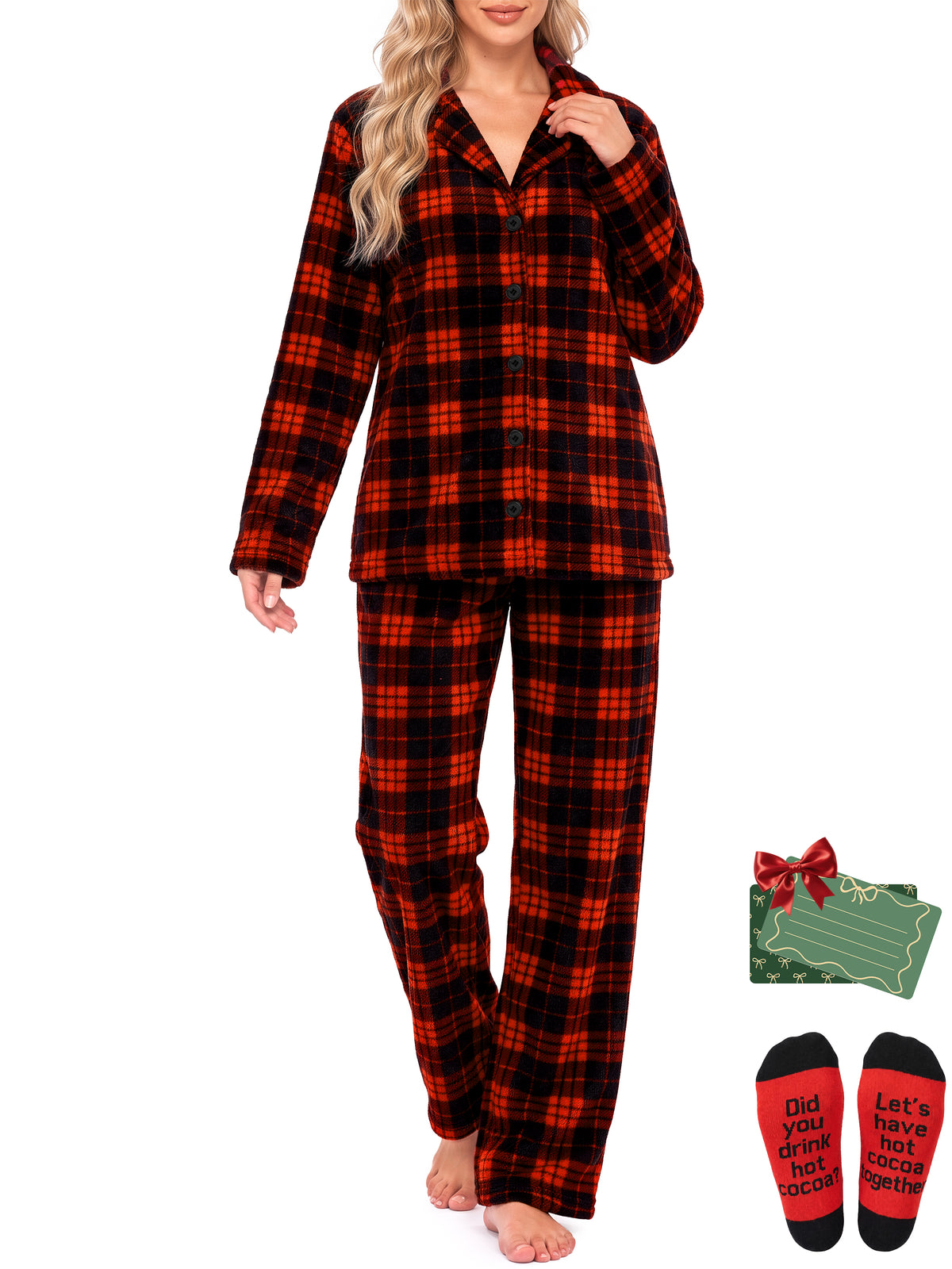 Weekease Fleece Pajamas for Woman Set Notched Collar Button up Tops Drawstring Pants Two Piece Soft Winter Sleepwear