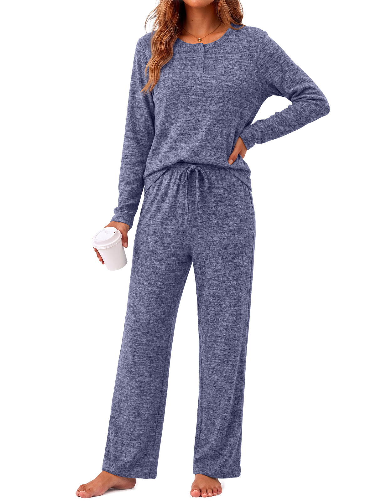 Weekease Woman Pajamas Set Henley Neck Long Sleeve Tops Drawstring Pants Two Piece Outfit Loungewear