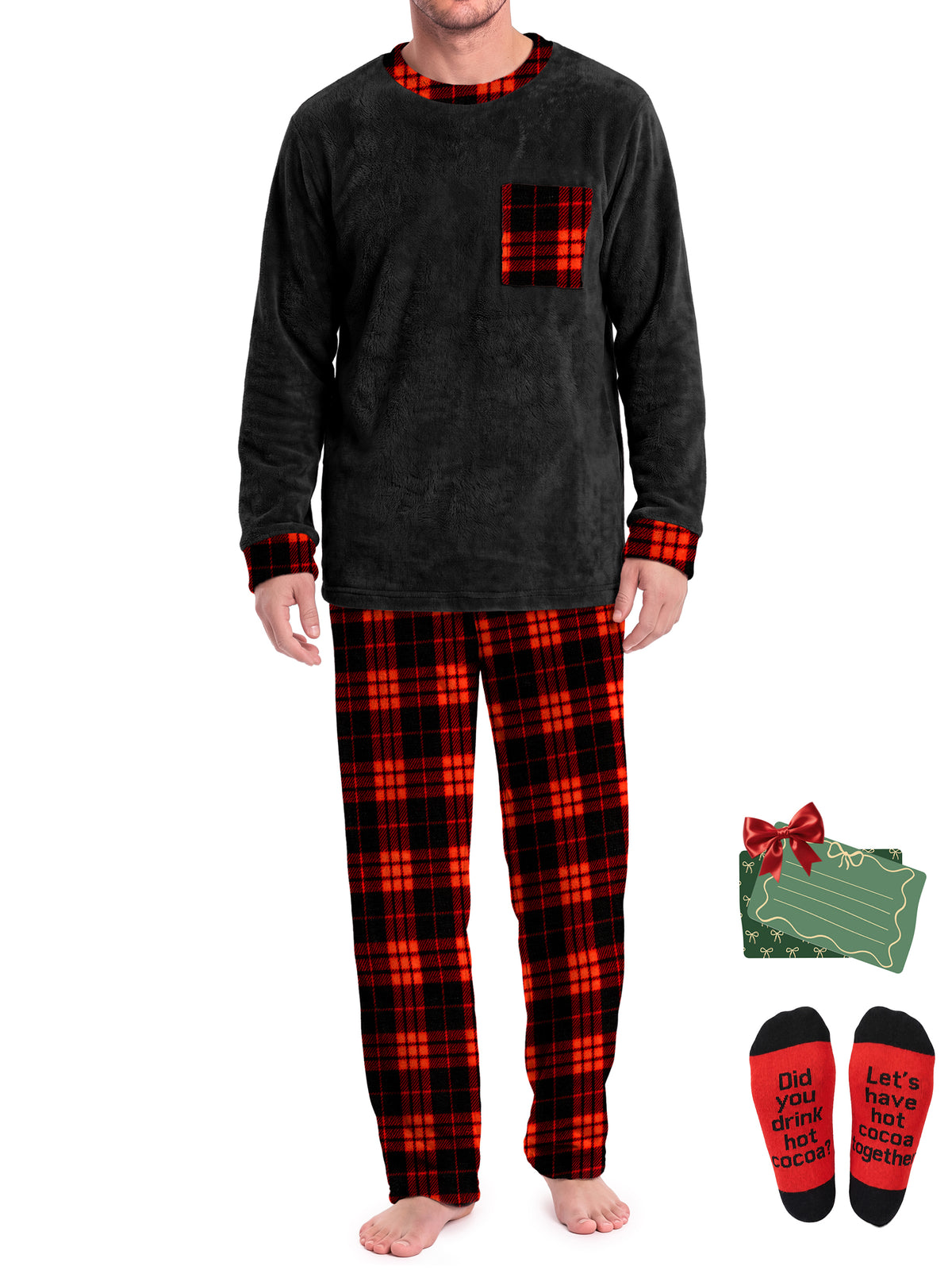Weekease Flannel Men Pajamas Set Crew Neck Long Sleeve Tops Drawstring Pants Color Block Nightwear Winter Sleepwear with Pockets