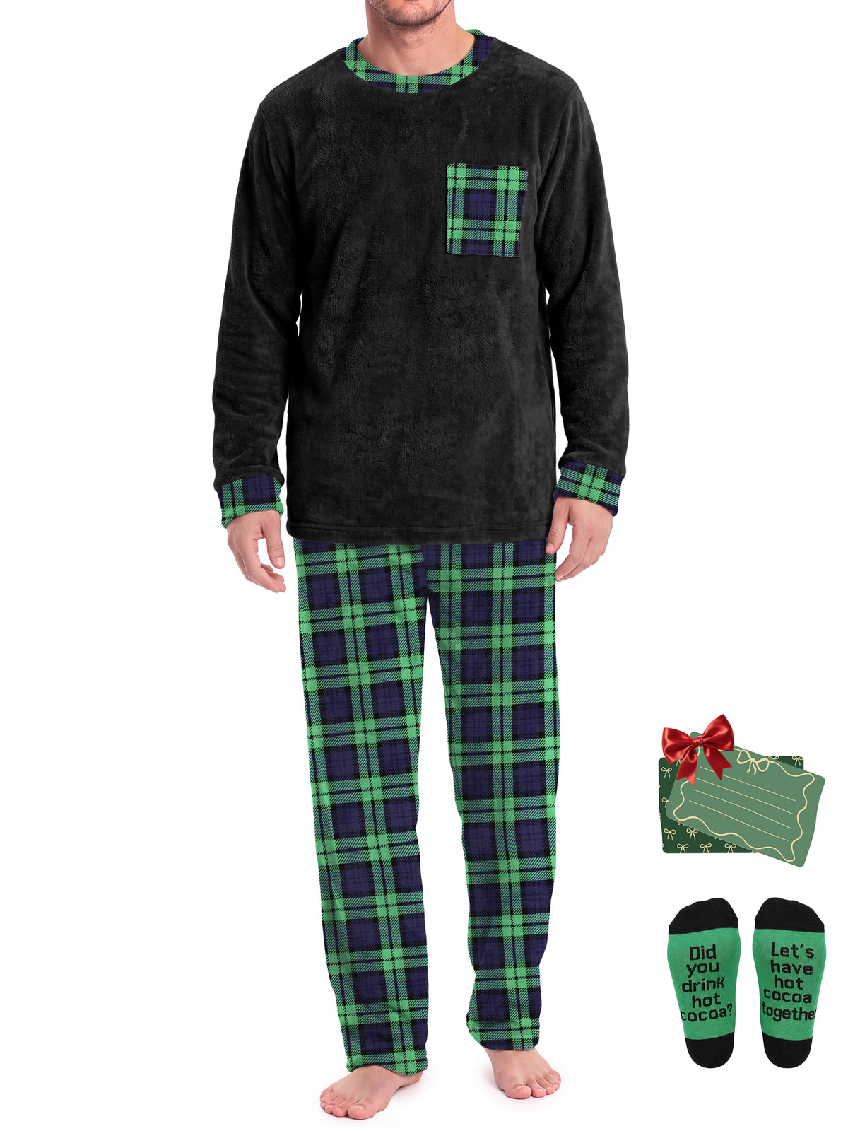 Weekease Flannel Men Pajamas Set Crew Neck Long Sleeve Tops Drawstring Pants Color Block Nightwear Winter Sleepwear with Pockets
