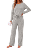 Weekease Woman Pajamas Set Henley Neck Long Sleeve Tops Drawstring Pants Two Piece Outfit Loungewear