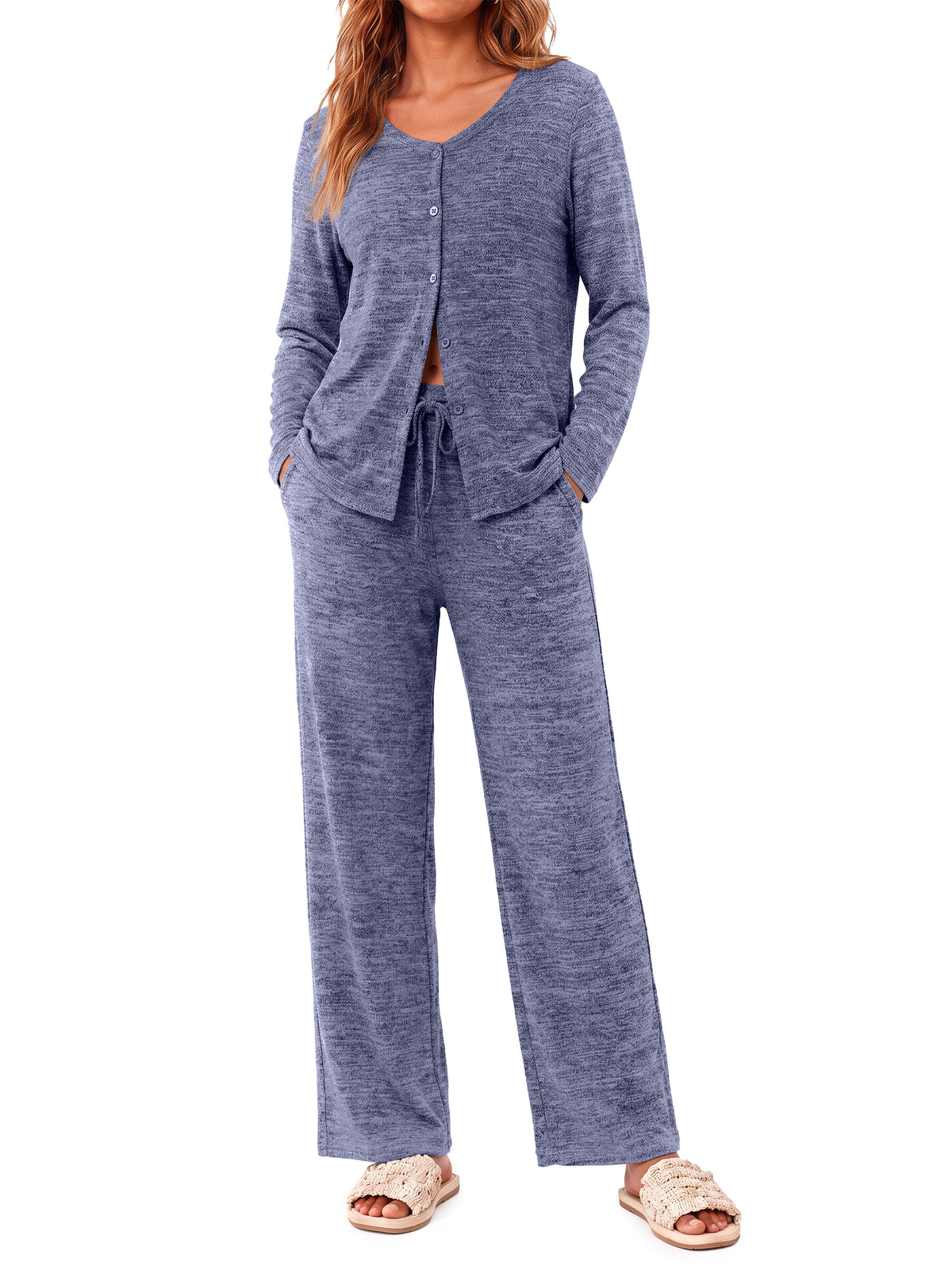 Weekease Two Piece Pajama Sets for Woman V Neck Button Up Tops Drawstring Pants Casual Lounge Set with Pockets