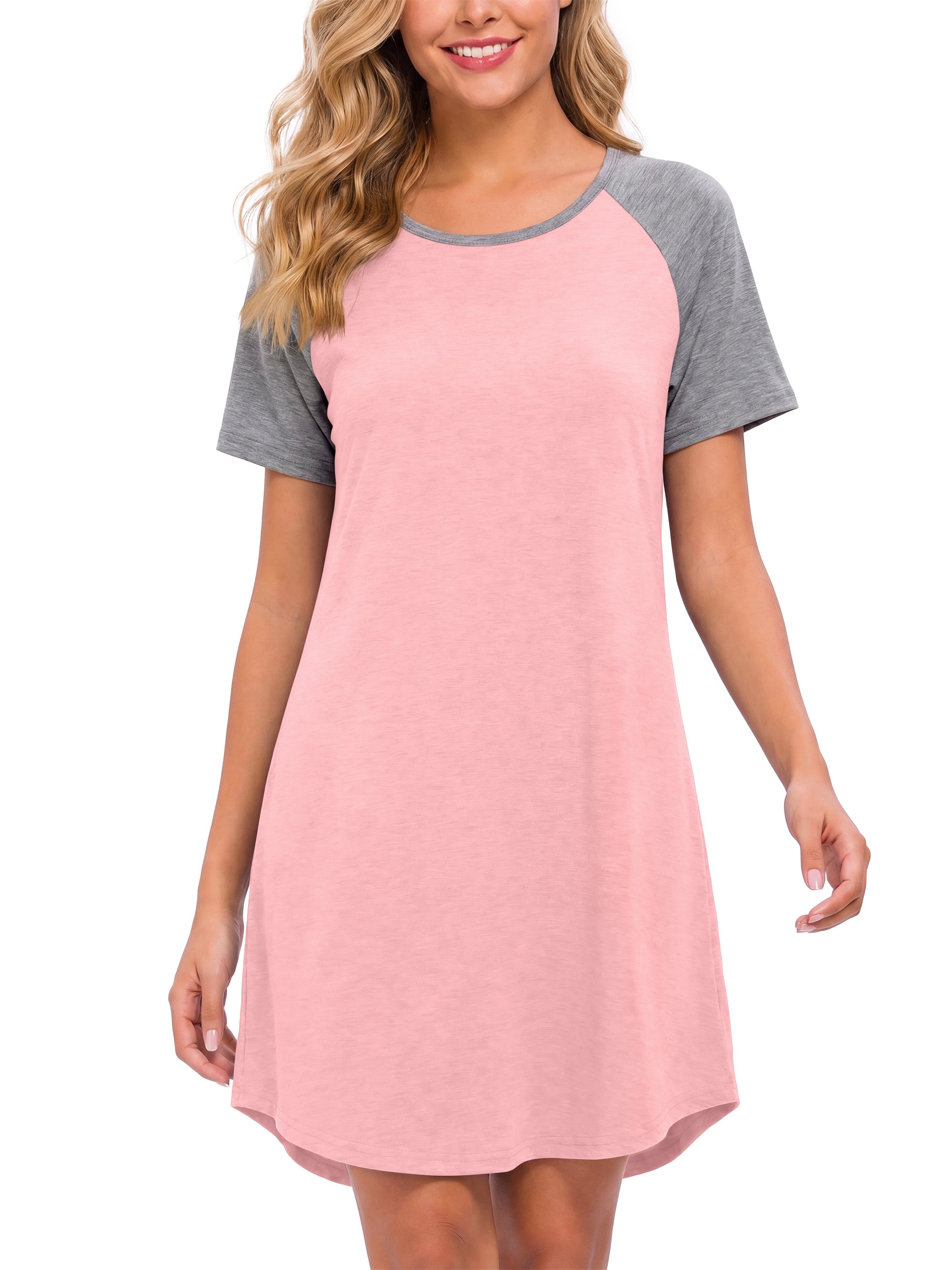 Weekease Nightgowns for Women Short Sleeve Crew Neck Sleepdresses Oversize Sleepshirt Color Block Nightdresses