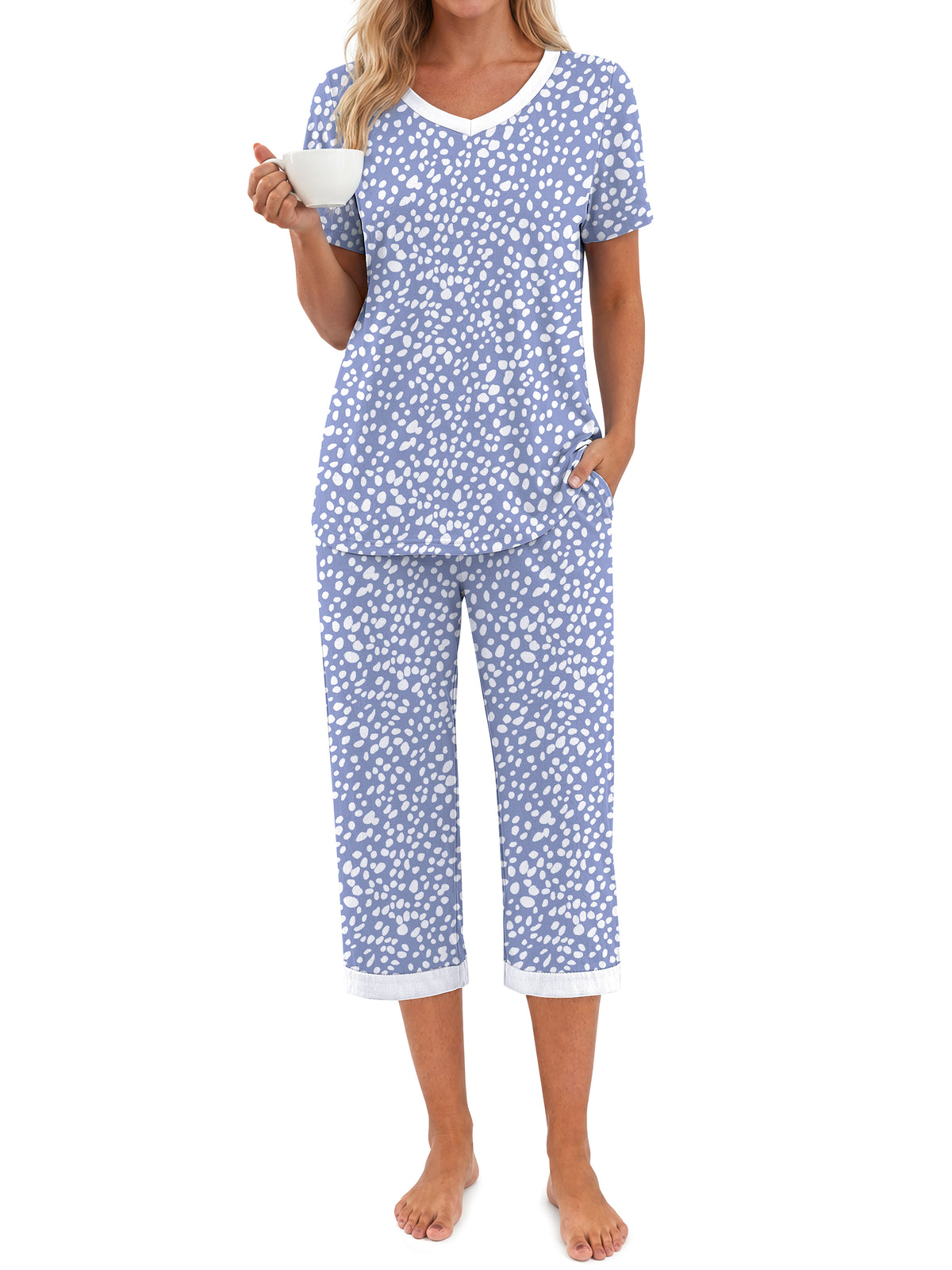 Weekease Printed Two Piece Pajama Sets for Women V Neck Short Sleeve Tops and Capri Casual Summer Sleepwear