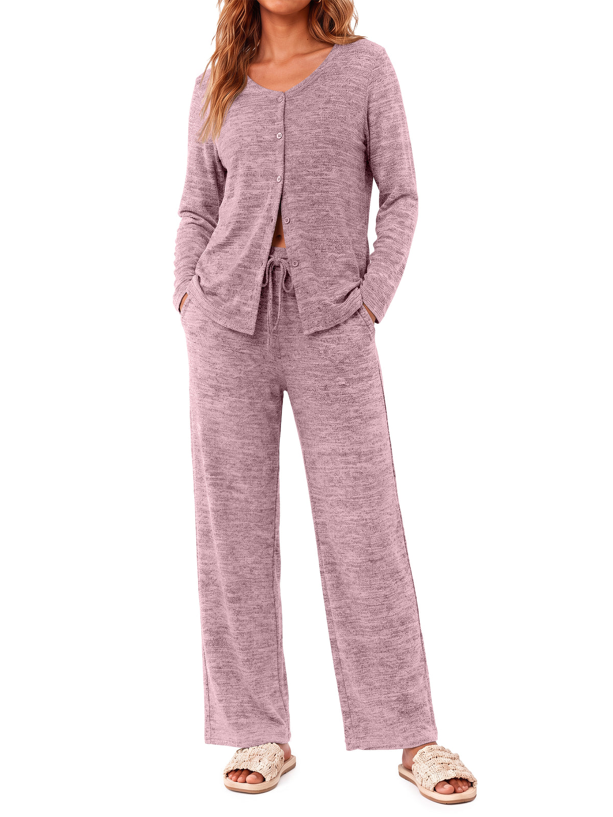 Weekease Two Piece Pajama Sets for Woman V Neck Button Up Tops Drawstring Pants Casual Lounge Set with Pockets