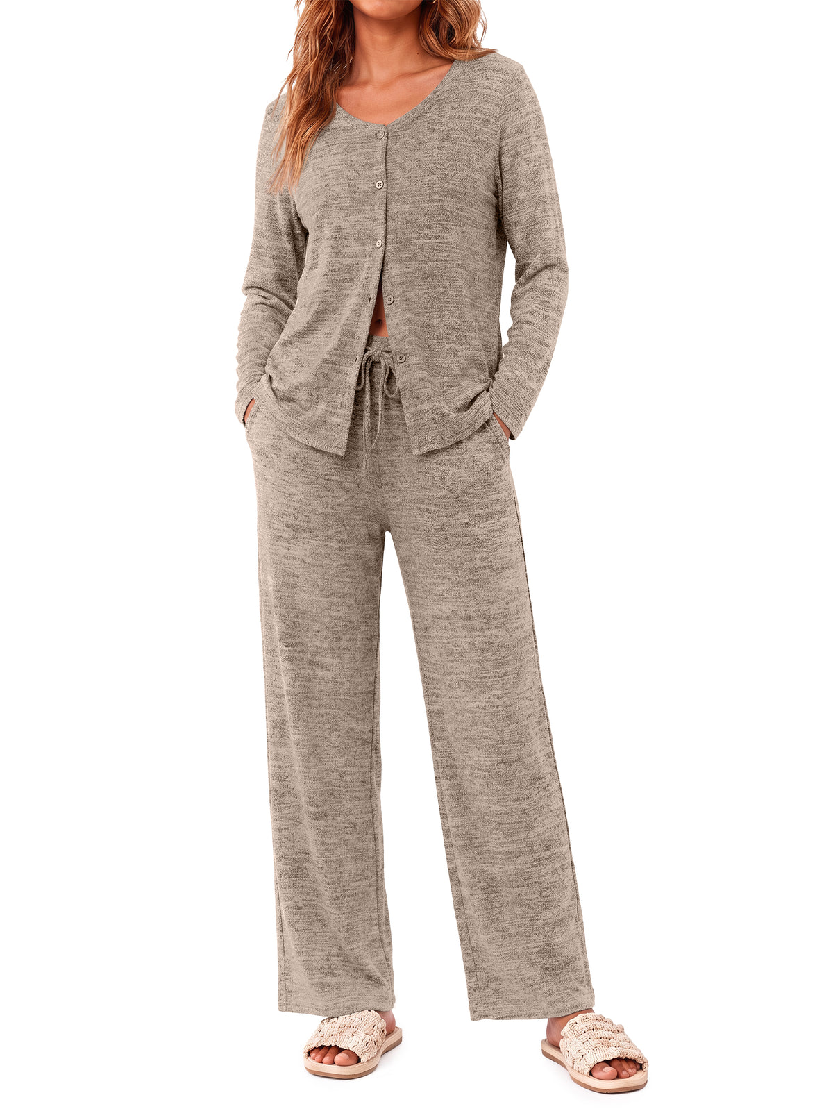 Weekease Two Piece Pajama Sets for Woman V Neck Button Up Tops Drawstring Pants Casual Lounge Set with Pockets